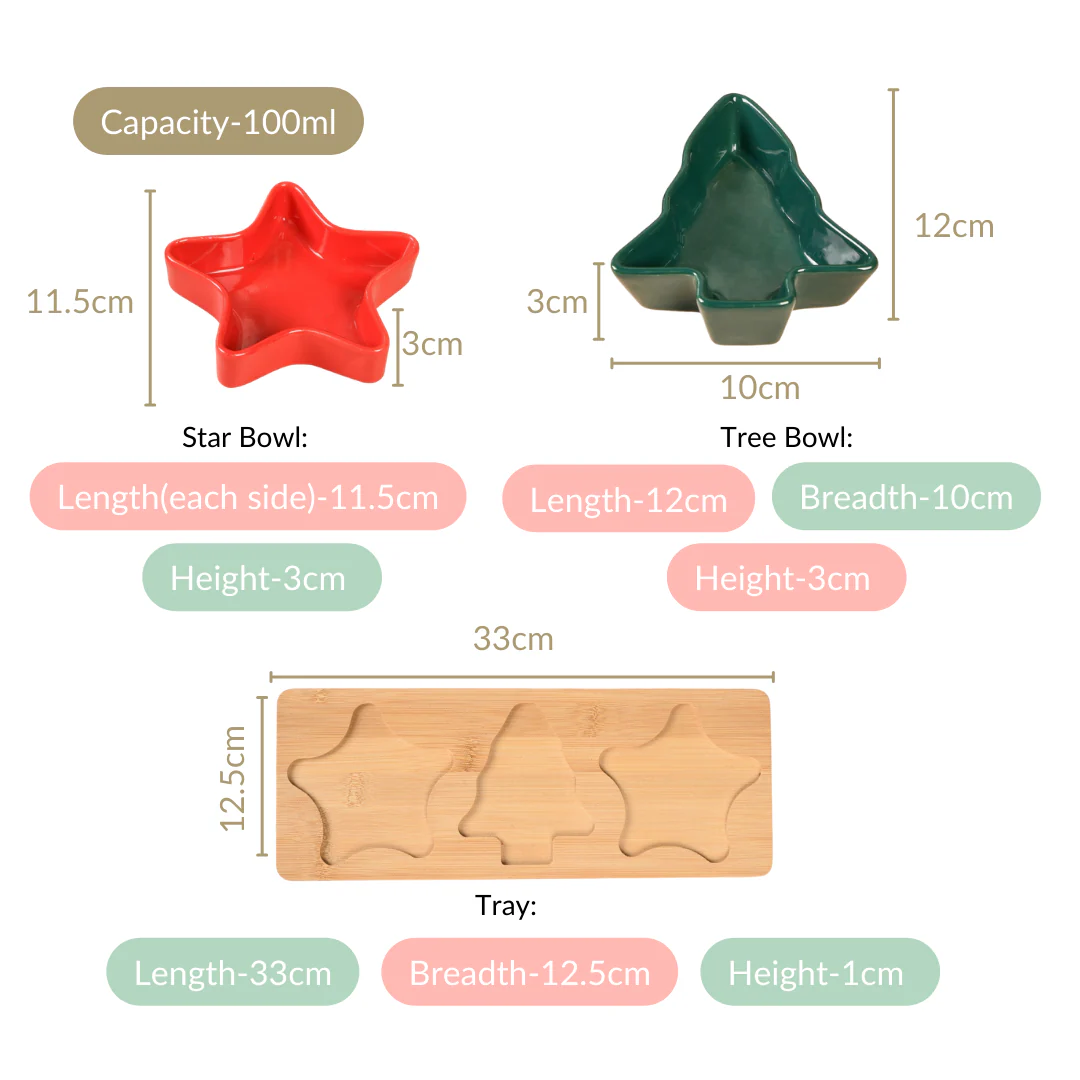 Stars And Tree Snack Bowl Set Of 3 With Wooden Serving Tray - Image 4