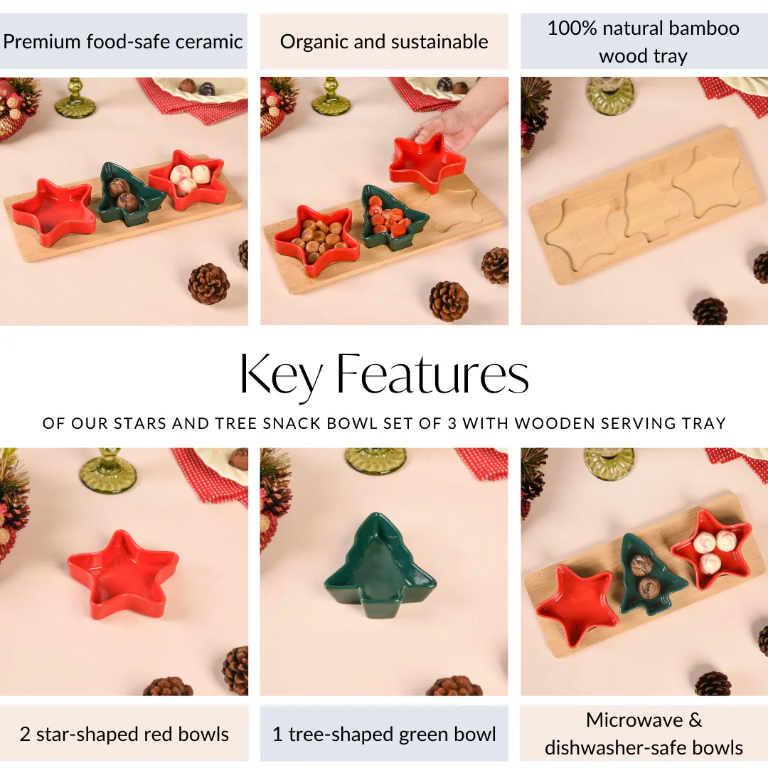 Stars And Tree Snack Bowl Set Of 3 With Wooden Serving Tray - Image 5
