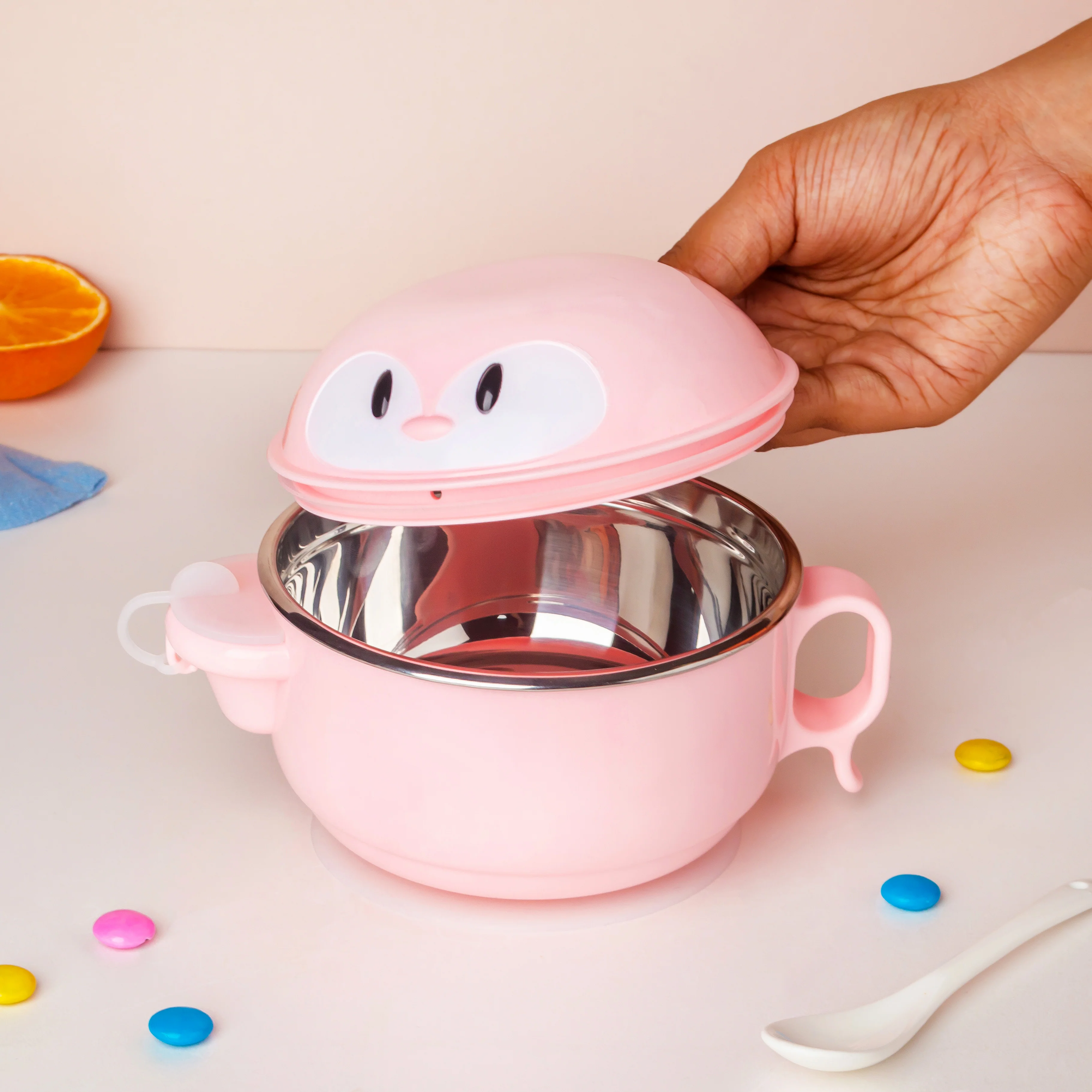 Steel Food Bowl With Heating Water Chamber Pink 400 ml - Image 2