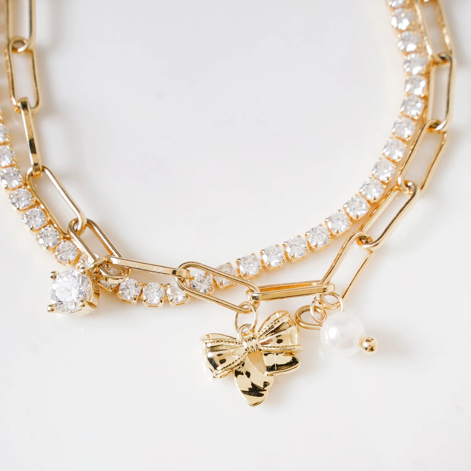 Stone Studded Gold Bow Charm Bracelet - Image 5
