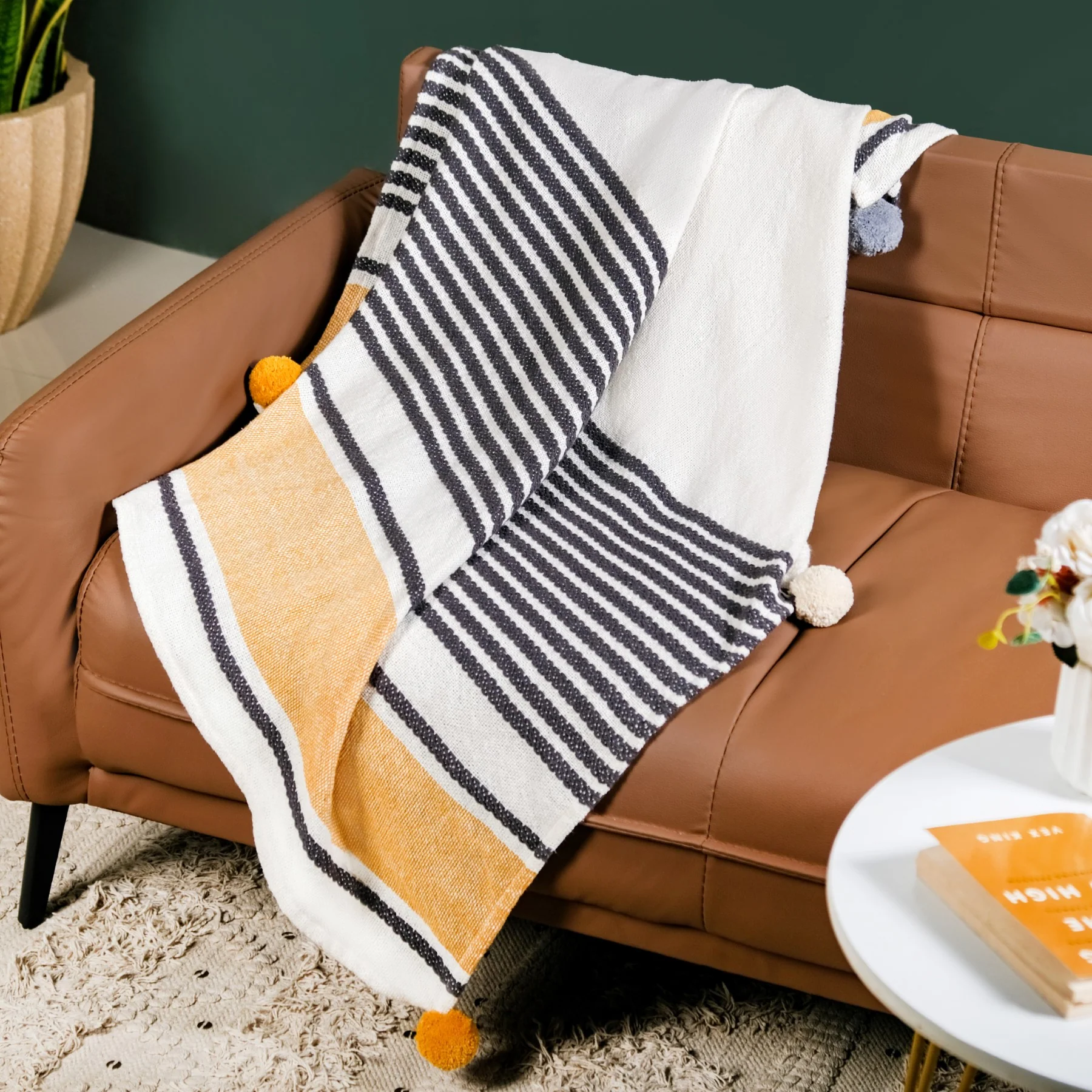 Stripe Story Minimalist Pure Cotton Throw With Boho Balls - Image 3