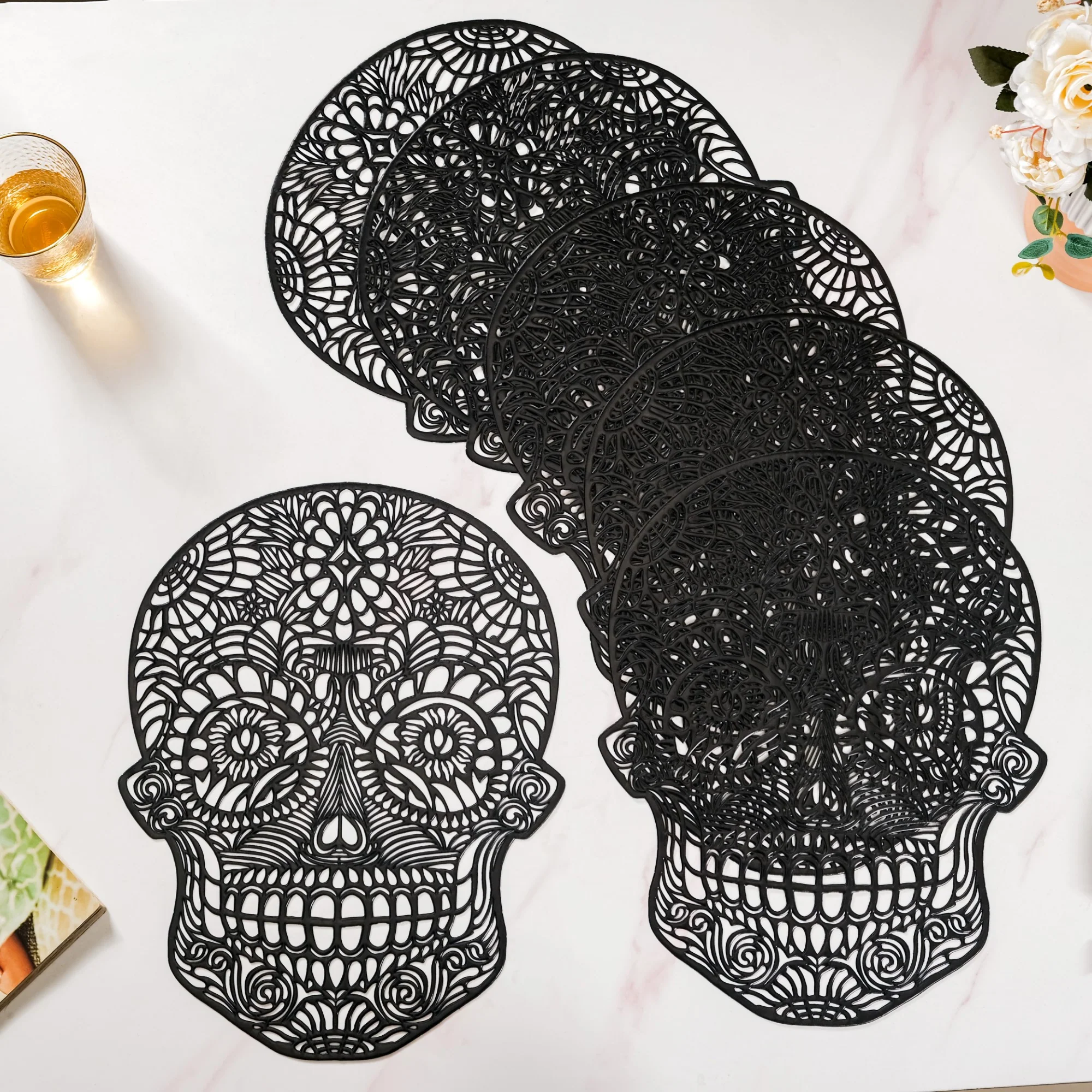 Sugar Skull Design Table Mat Set Of 6 Black - Image 12