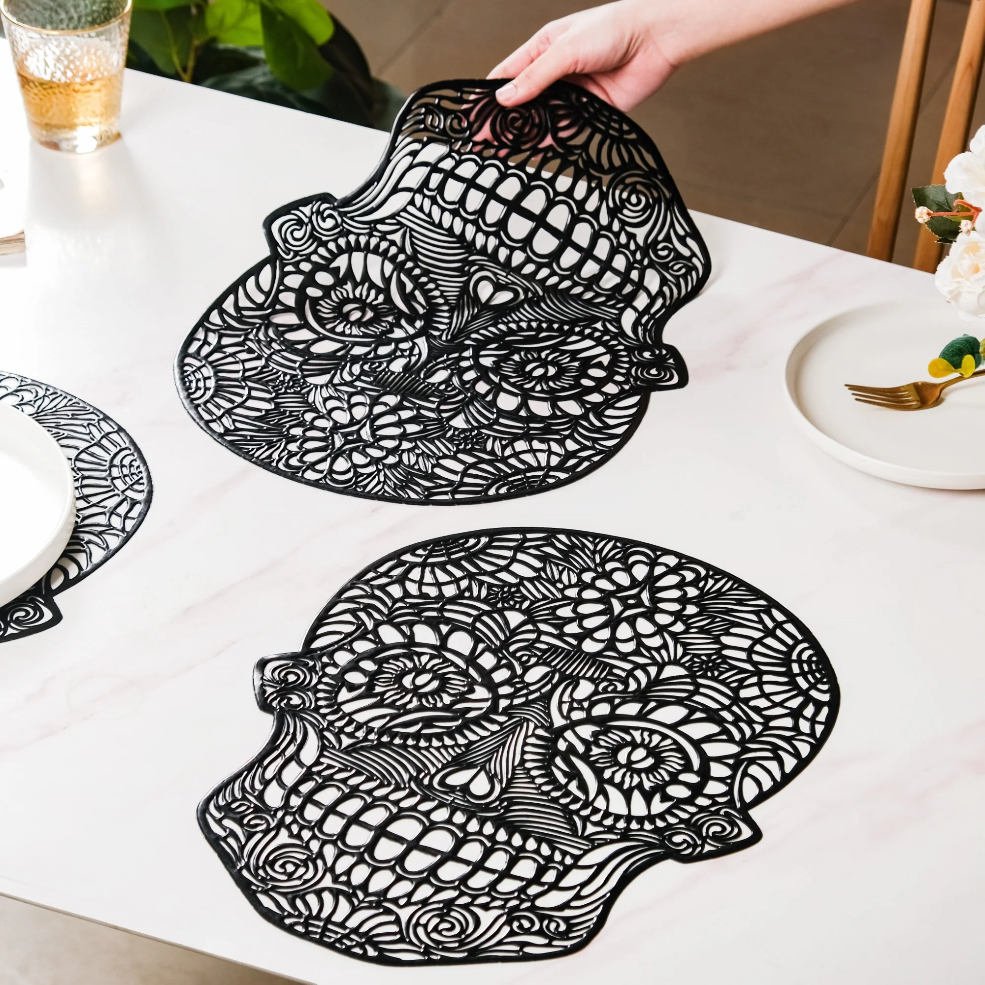 Sugar Skull Design Table Mat Set Of 6 Black - Image 4