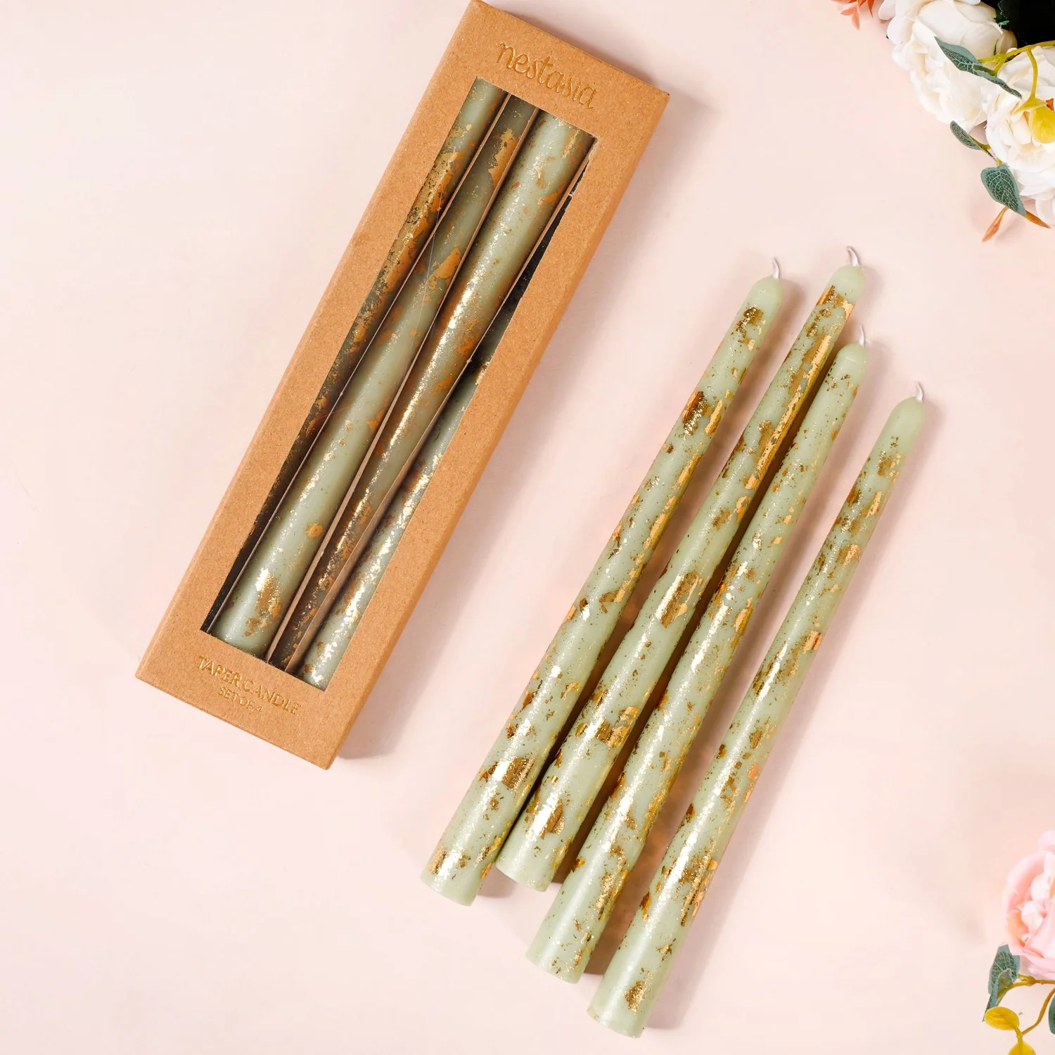 Taper Candles Sage Green With Gold Leaf Design Set Of 8 - Image 2