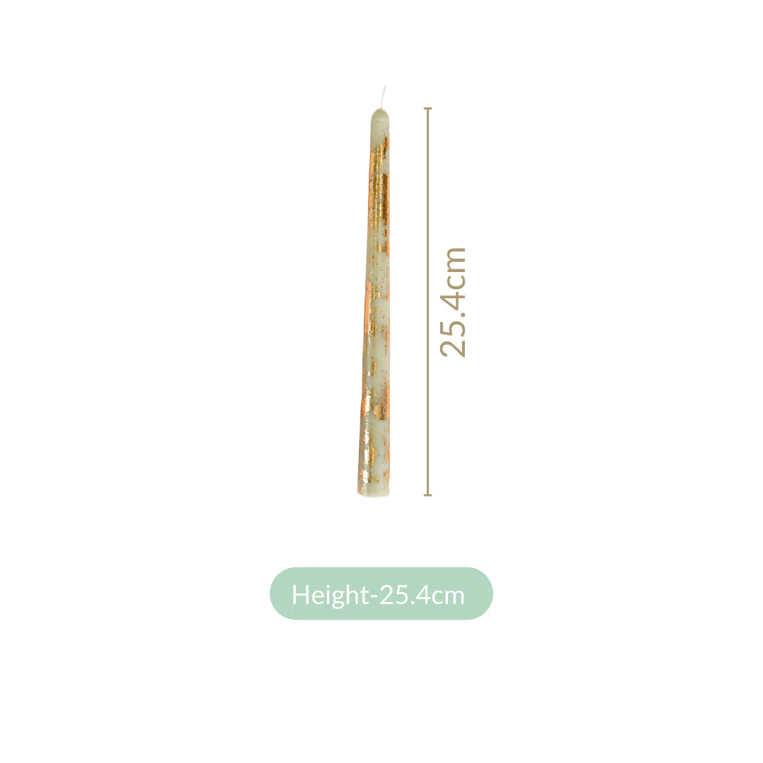 Taper Candles Sage Green With Gold Leaf Design Set Of 8 - Image 4