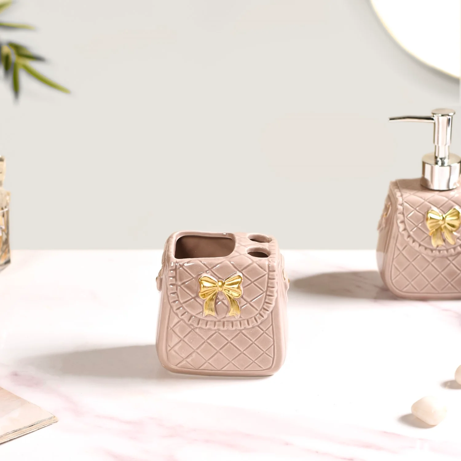 Taupe Gold Bow Accented Bath Accessories Set Of 3 - Image 6