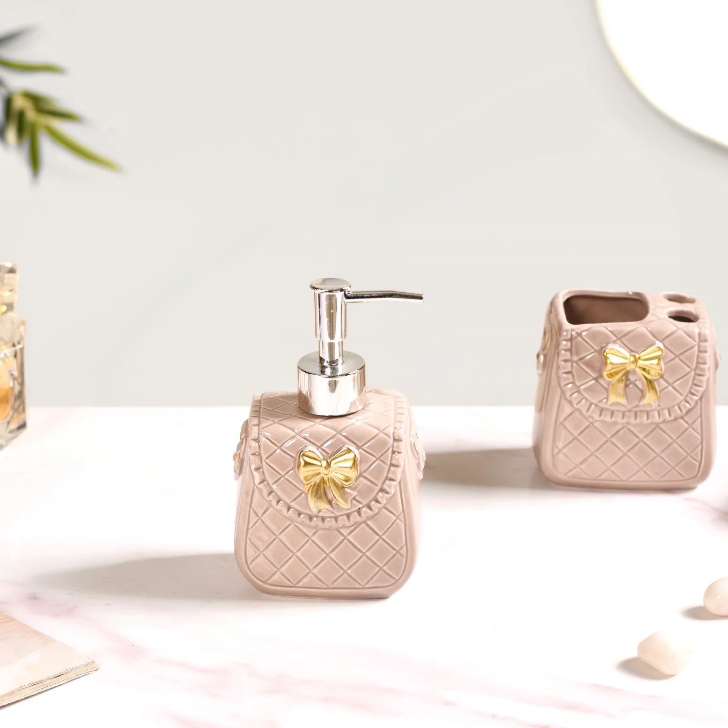 Taupe Gold Bow Accented Bath Accessories Set Of 3 - Image 8