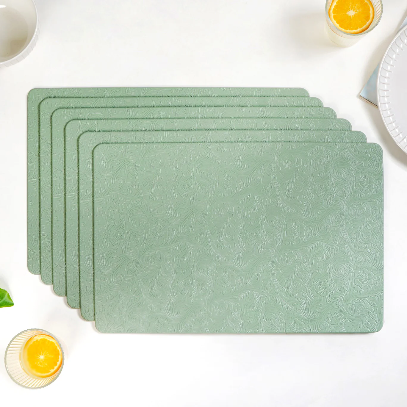 Tea Green Embossed Table Mat Set Of 6 - Image 8