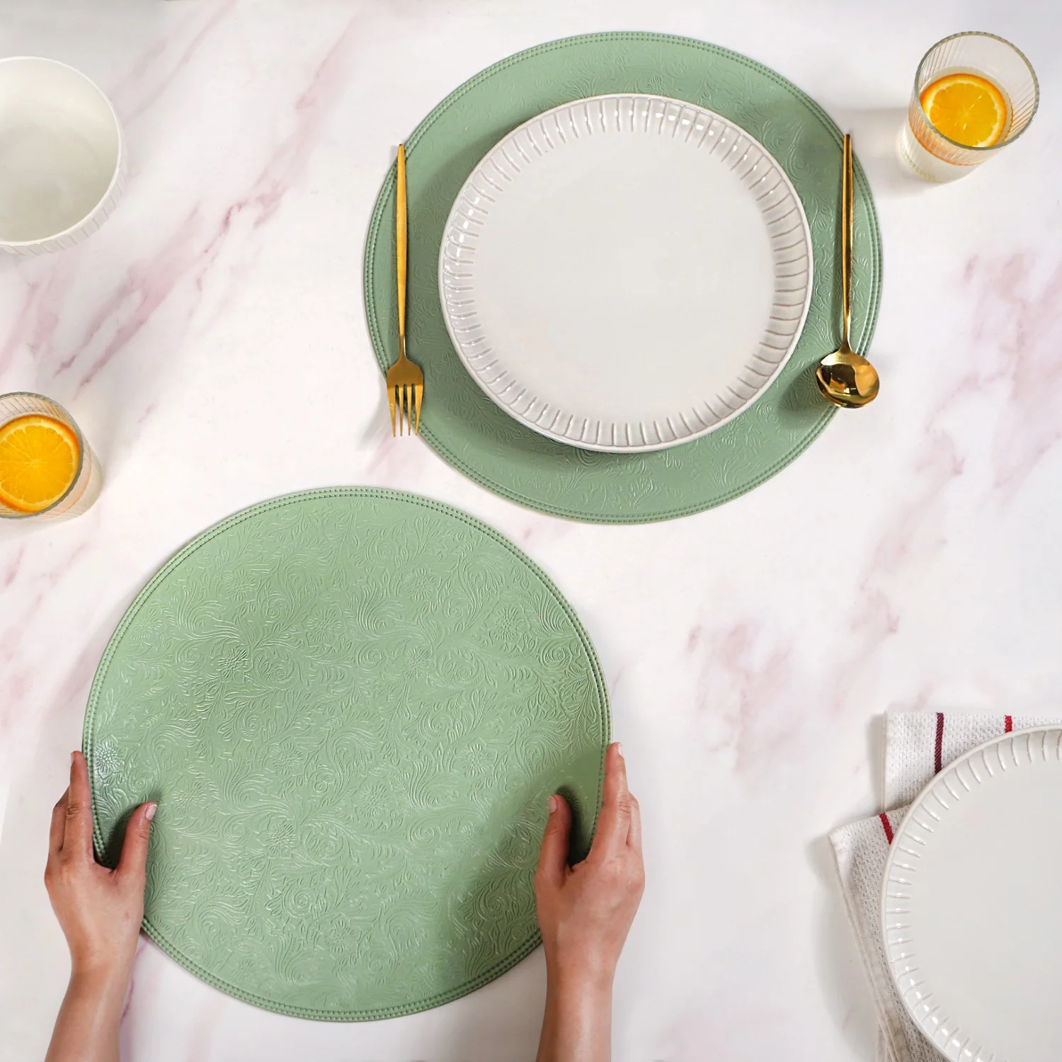 Tea Green Round Table Mat Set Of 6 - Image 2