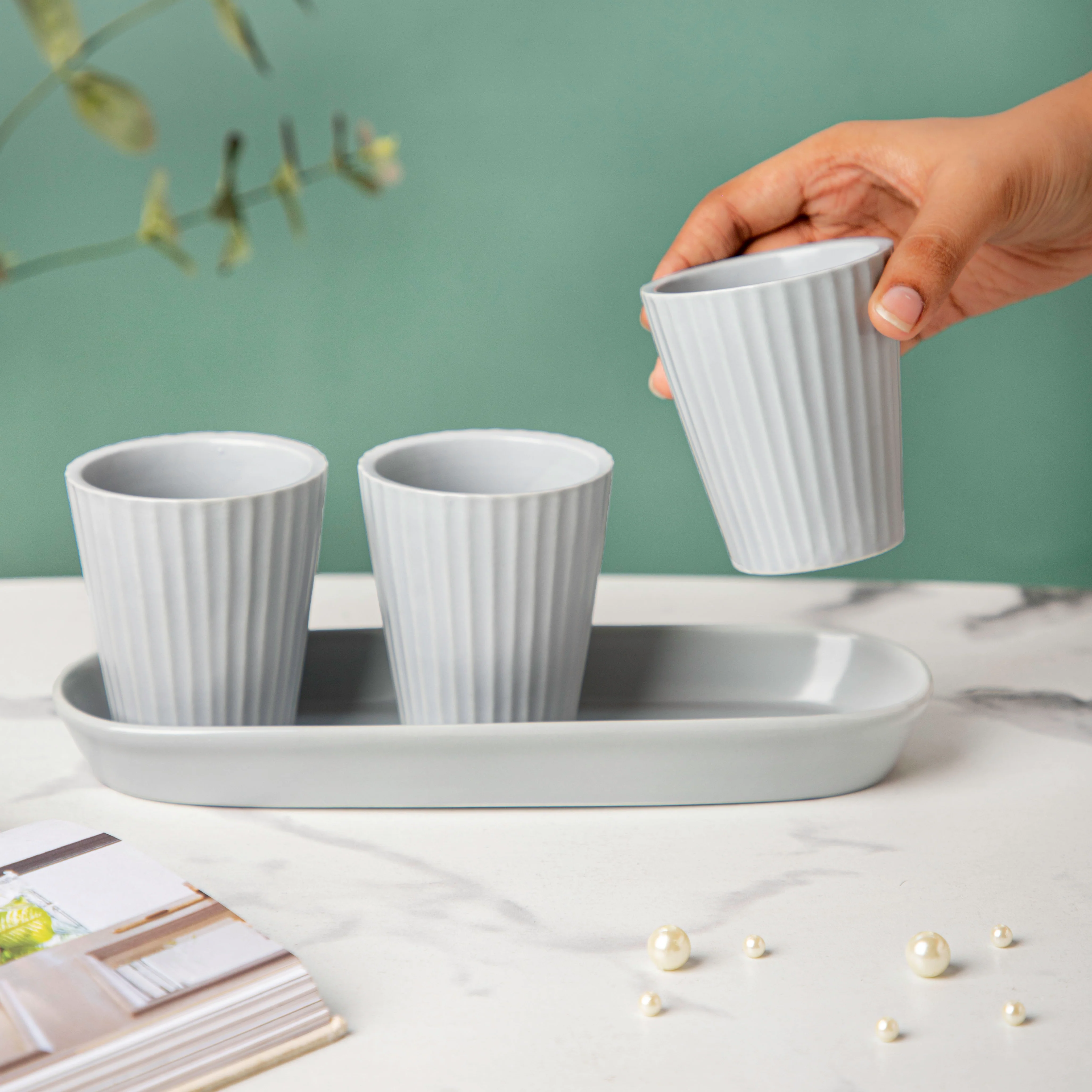 Ternion Ribbed Planter Set Of 3 With Plate Grey - Image 2