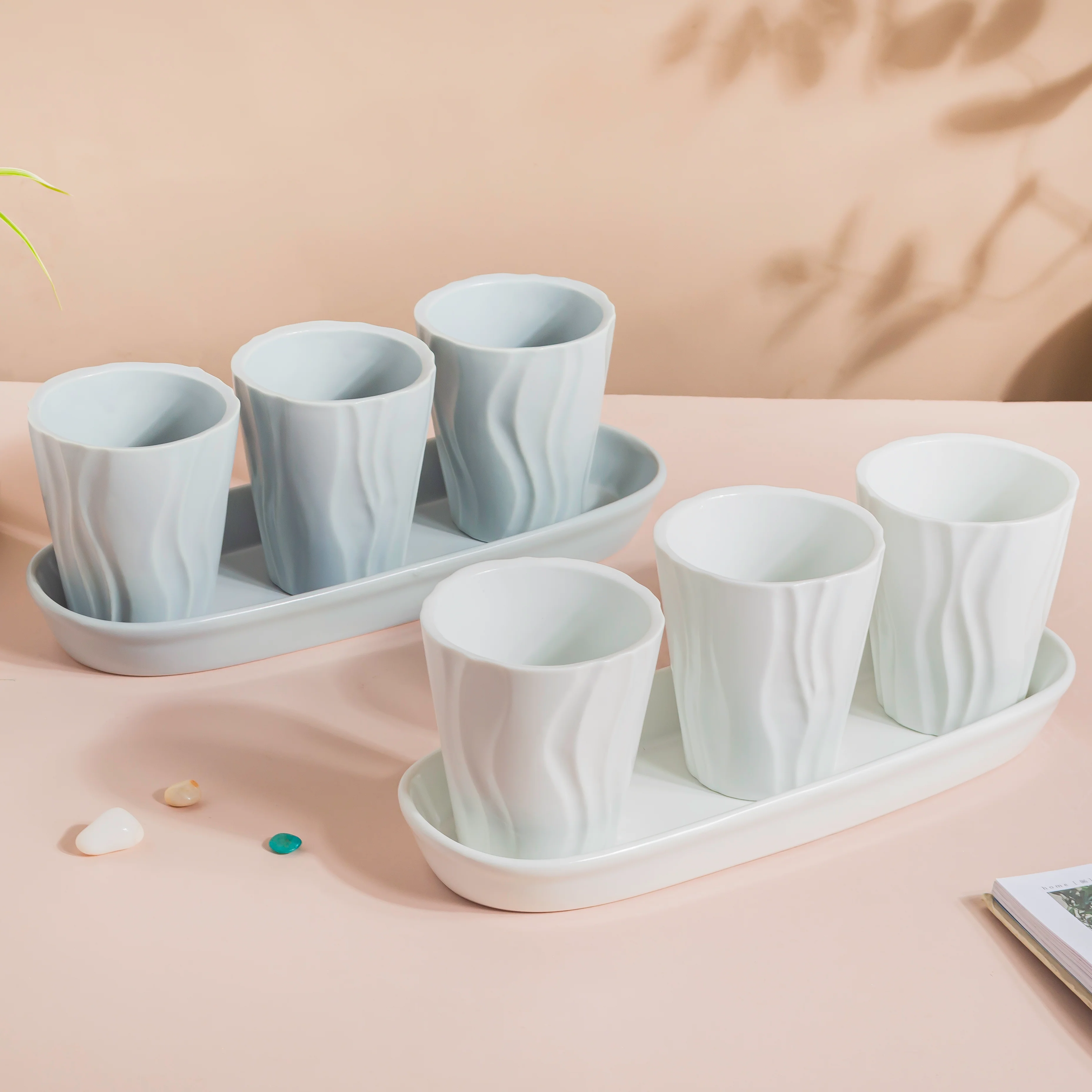 Ternion Wavy Textured Planter Set Of 3 With Plate White - Image 9
