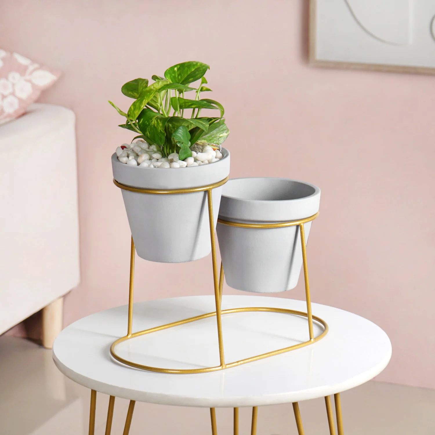 TerraDuo Grey Planters Pair With Gold Stand - Image 3