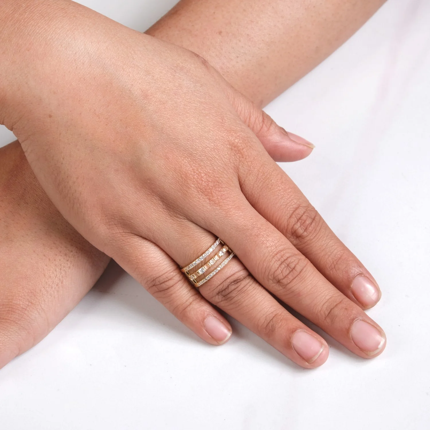 Three Layer Stone Studded Gold Ring - Image 2