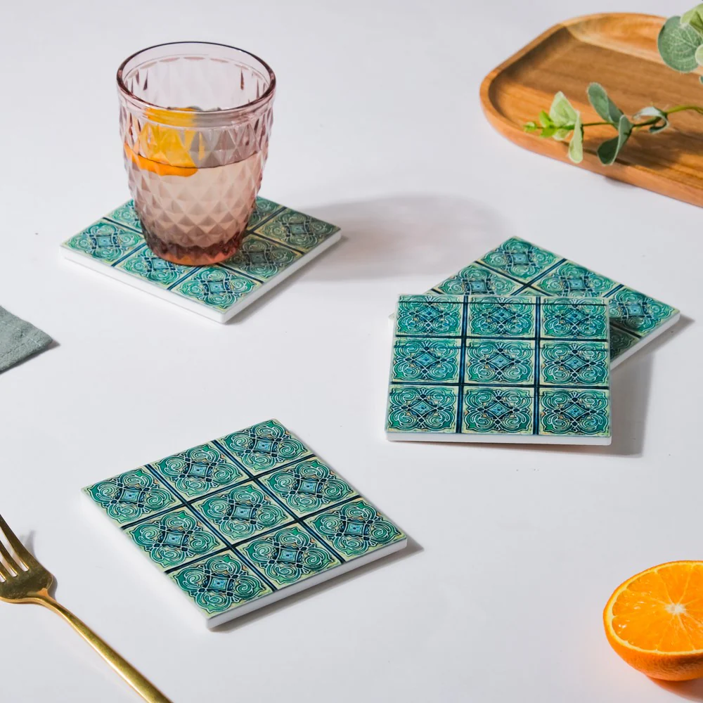 Tile Art Ceramic Coaster Blue Green Set of 4 - Image 2