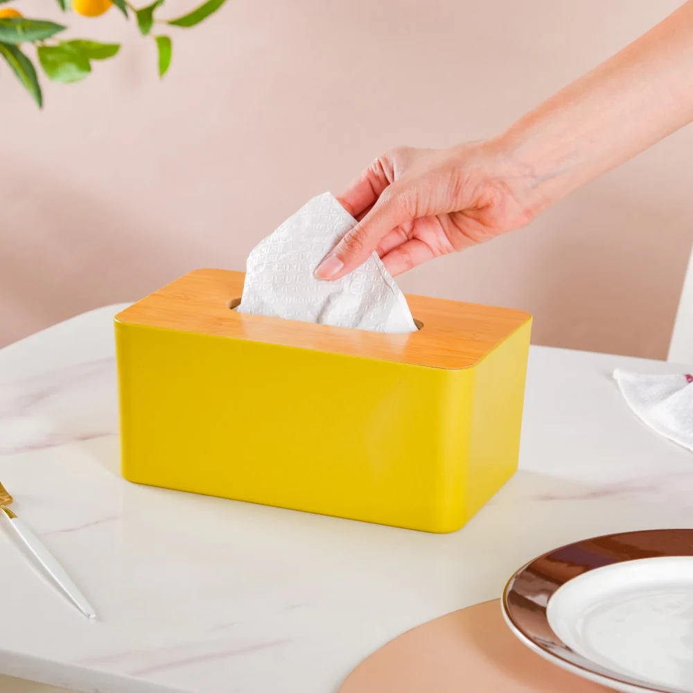 Tissue Box With Wooden Lid Yellow - Image 2