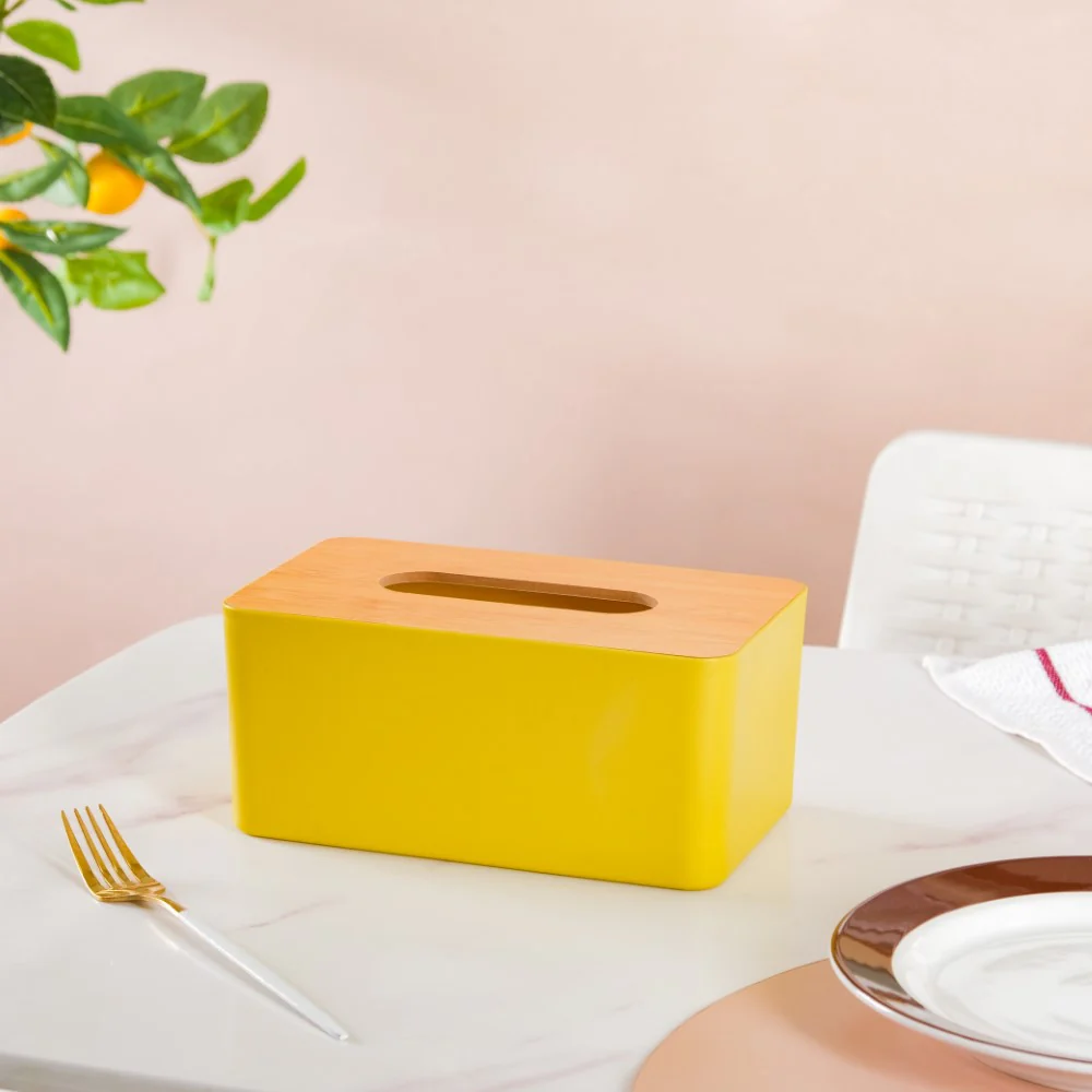 Tissue Box With Wooden Lid Yellow - Image 4