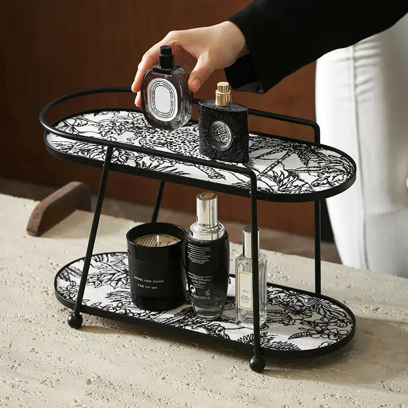 Toile De Jouy Vanity Storage Display 2 Tier Tray Black - Image 2