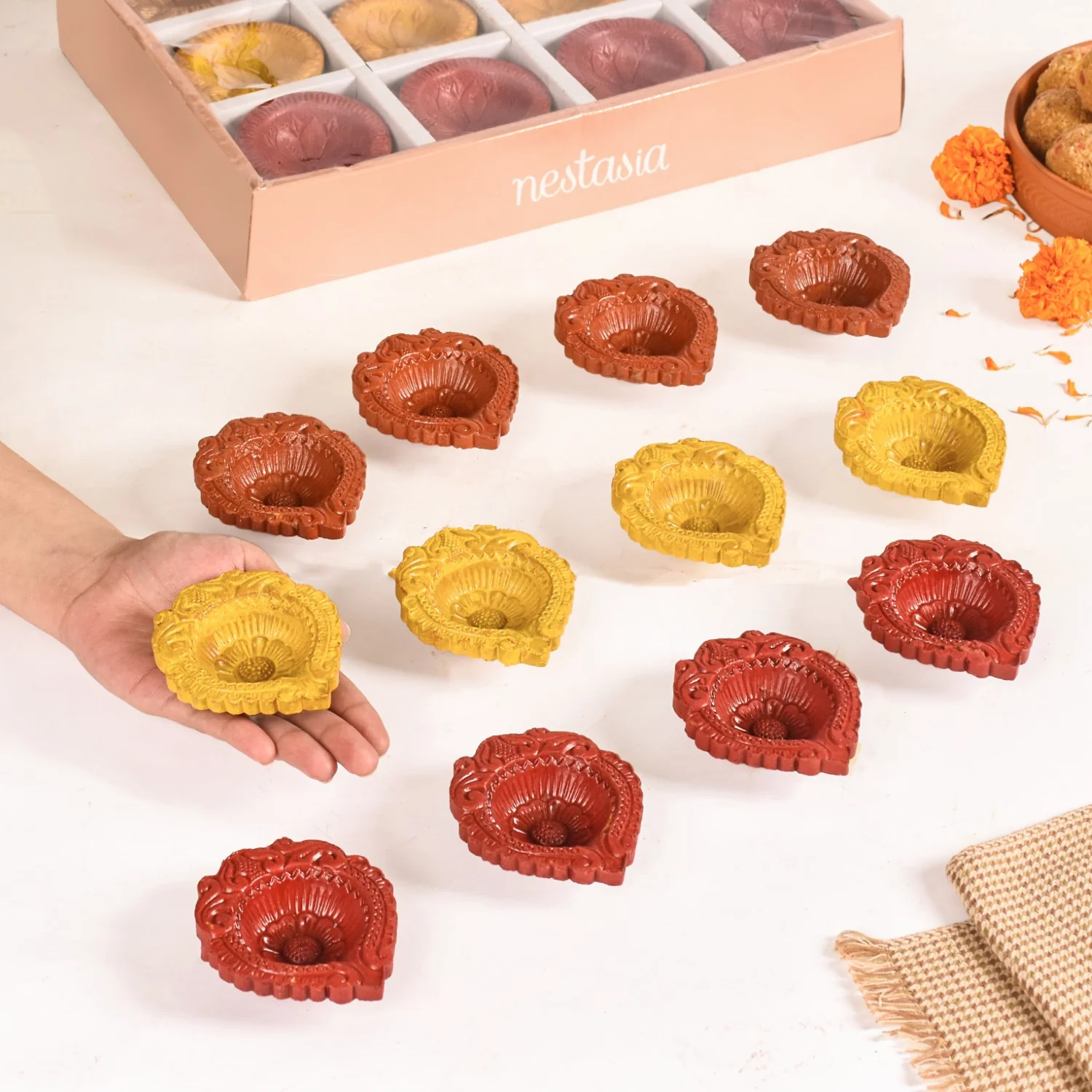 Tri Colour Natural Terracotta Diyas Set Of 48 - Image 3