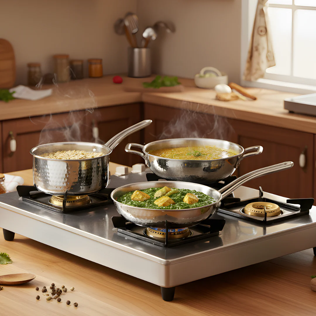 Triply Hammered Cookware Set With Frying Pan Kadai And Saucepan With Lid - Image 2