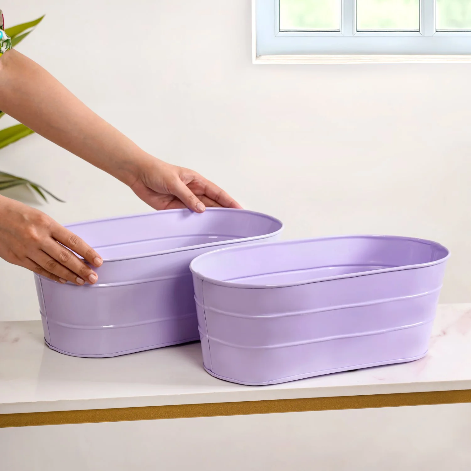 Trough Lined Lavender Oval Plant Holder Set Of 2 - Image 2