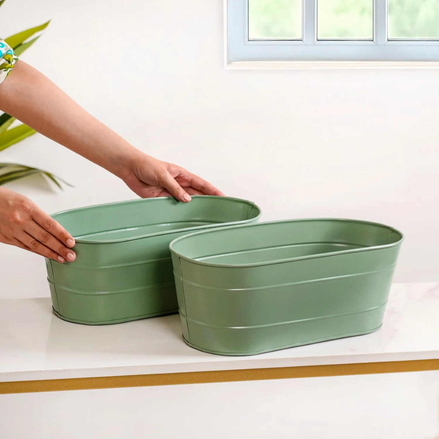 Trough Lined Oval Metal Planter Set Of 2 Sage Green - Image 2