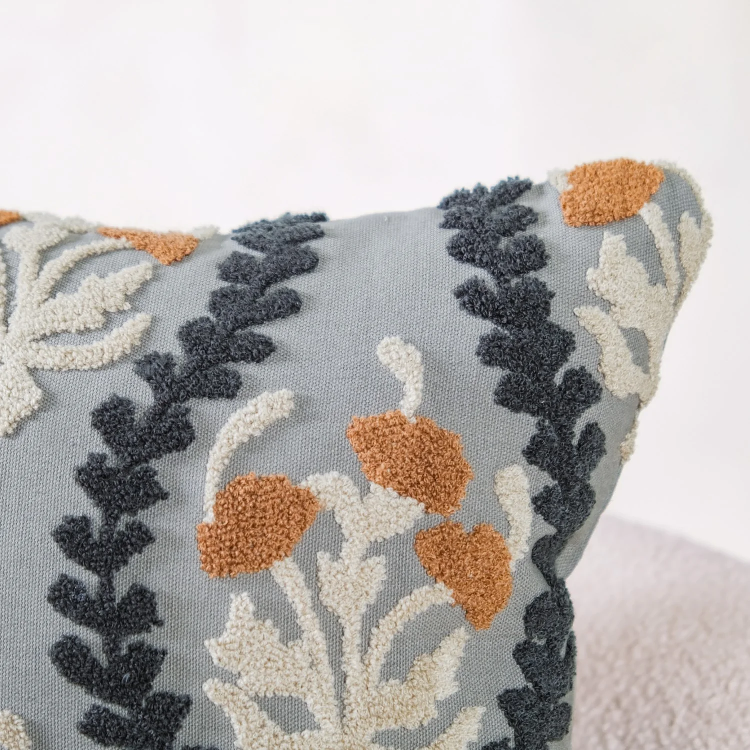 Tufted Embroidery Botanical Linen Cushion Cover 16x16 Inch - Image 3