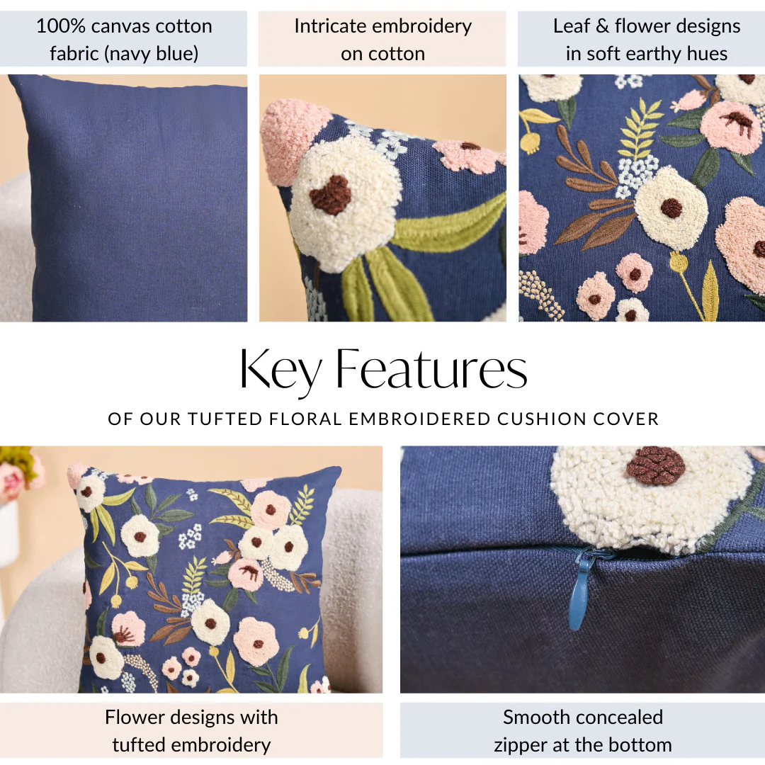 Tufted Floral Embroidered Cushion Cover 40x40cm - Image 5