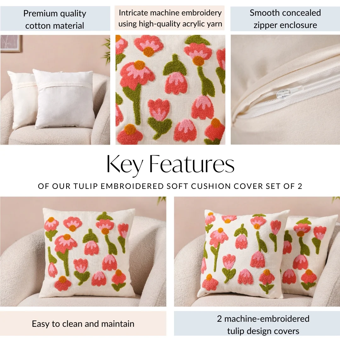 Tulip Embroidered Soft Cushion Cover Set Of 2 40x40cm - Image 4