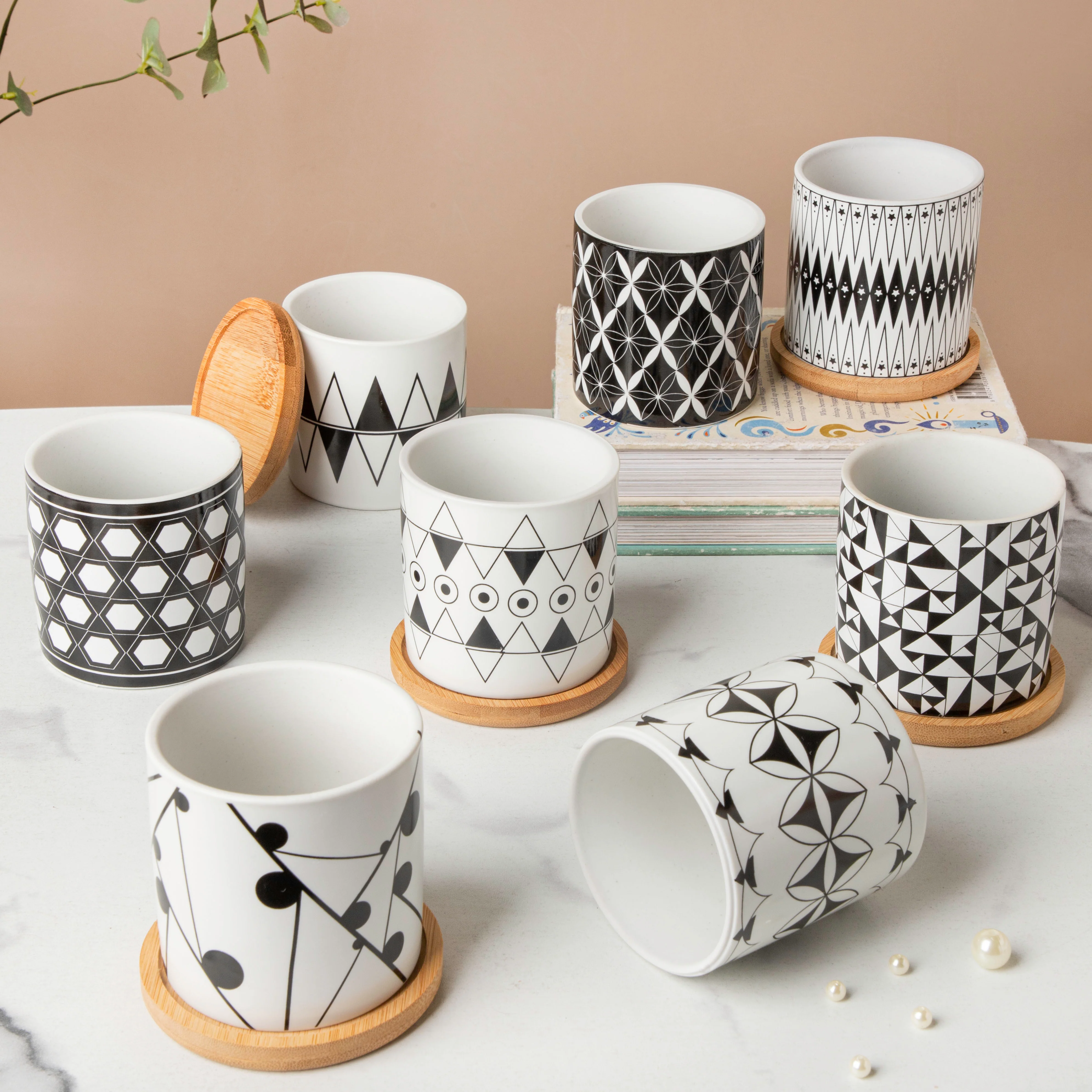 Twyla Starling Black White Planter With Wooden Coaster - Image 6