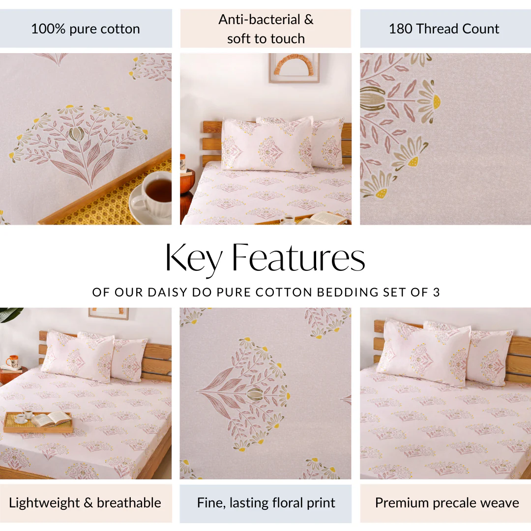 Ultra Soft Daisy 180 TC Pure Cotton Bedding Set Of 3 King Size 275x275 cm - Image 4