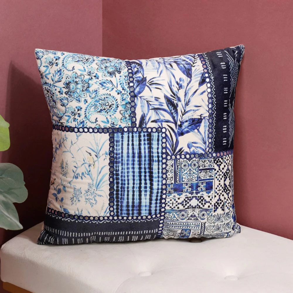 Valencia Patchwork Mirrorwork Cushion Cover Blue 16 x 16 Inch - Image 4