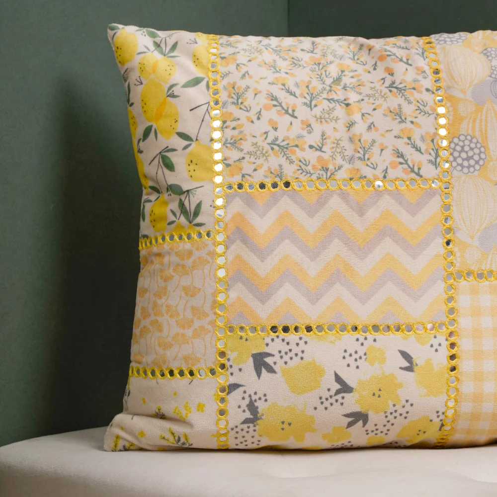 Valencia Velvet Mirrorwork Cushion Cover Yellow 16 x 16 Inch - Image 5
