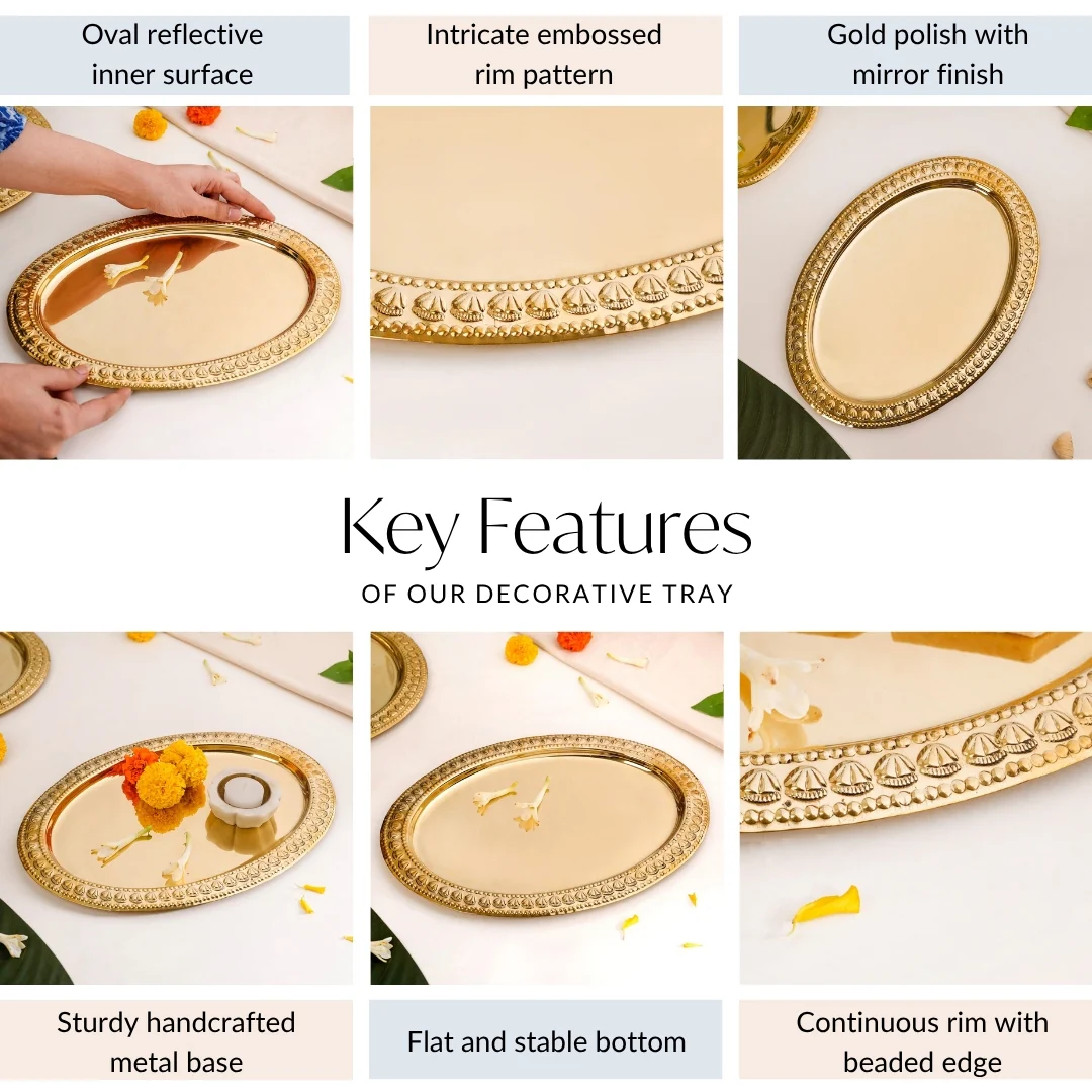 Veda Pure Brass Oval Tray With Embossed Detailing 32x22cm - Image 4
