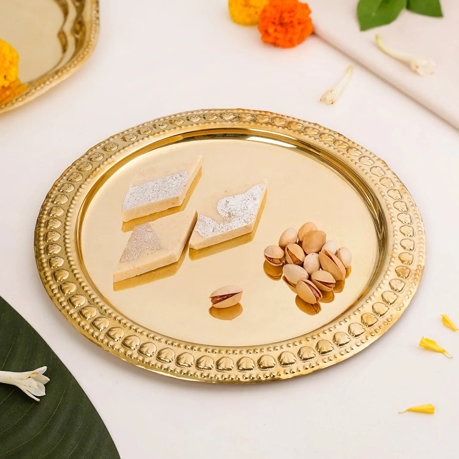 Veda Pure Brass Round Tray With Embossed Design 26cm - Image 8