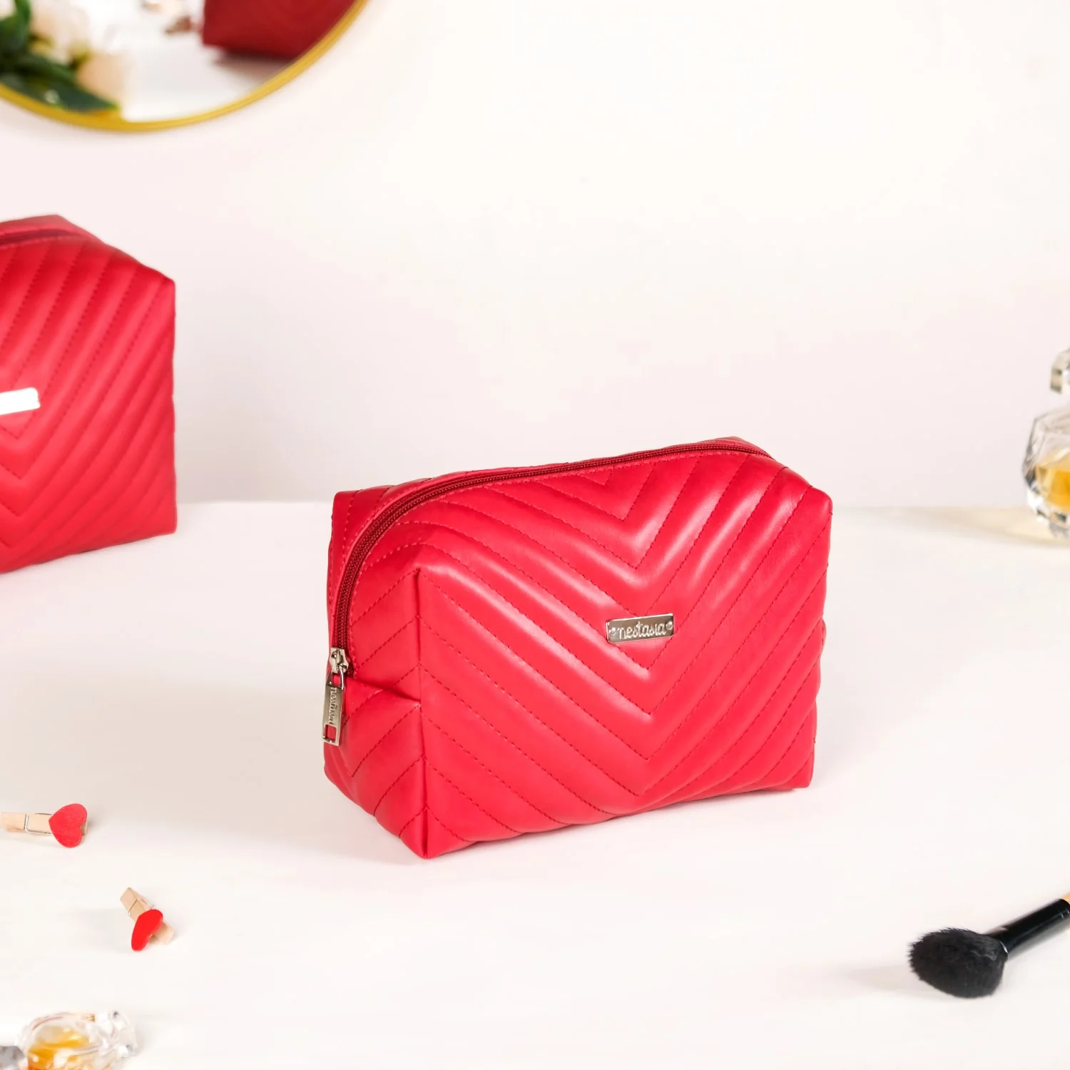 Vegan Leather Makeup Pouch Set Of 2 For Women Red - Image 7