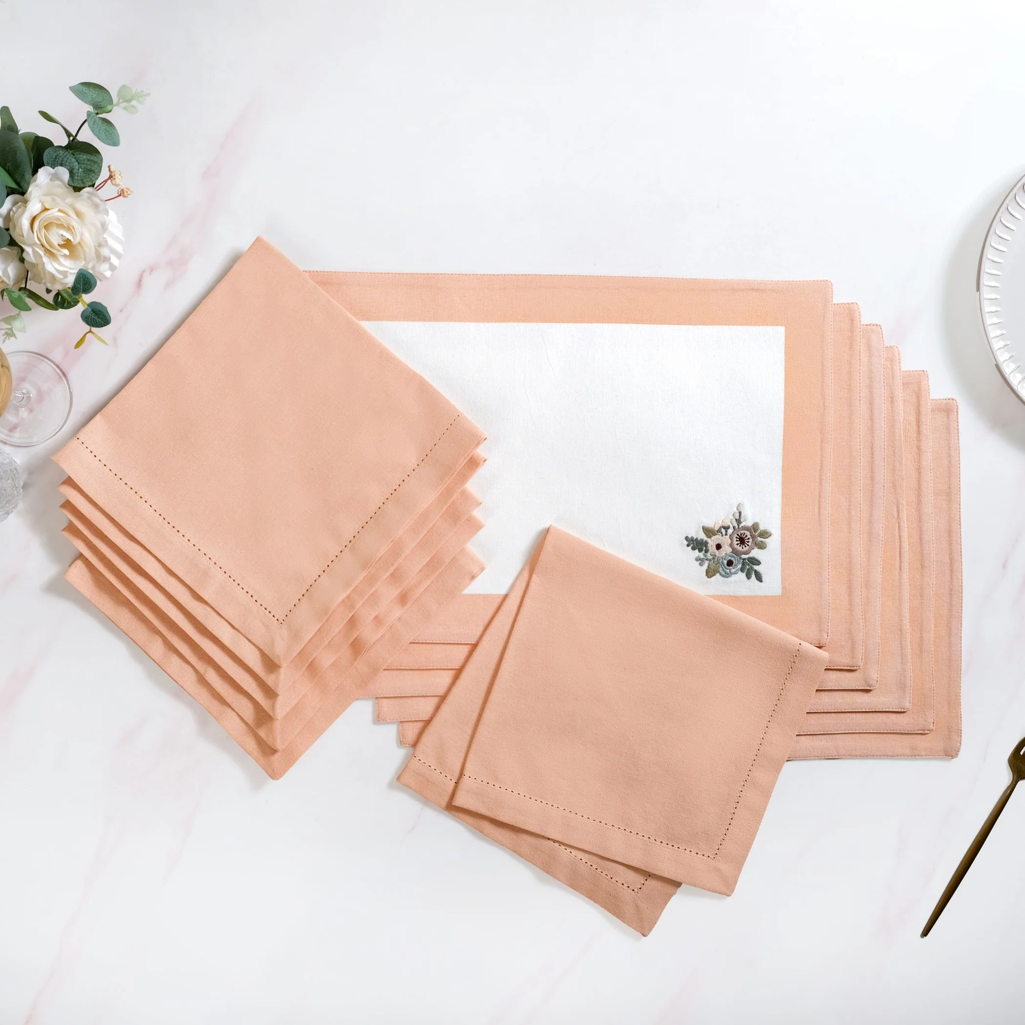 Ventosa Cotton Table Mat And Napkin Set Of 12 In Peach - Image 2