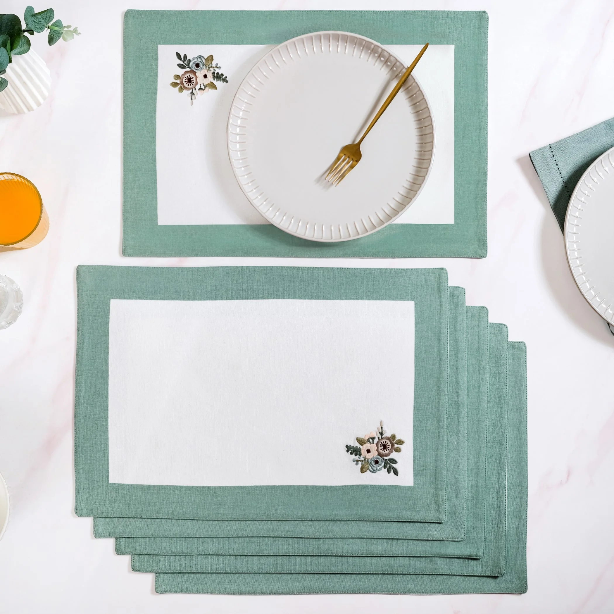 Ventosa Cotton Table Mat And Napkin Set Of 12 In Teal - Image 5