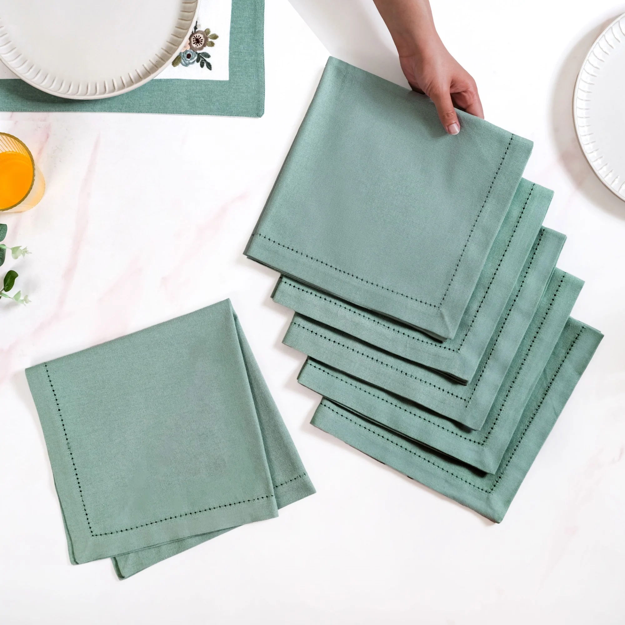 Ventosa Premium Cotton Hemstitched Dinner Napkins Set Of 6 In Teal - Image 2