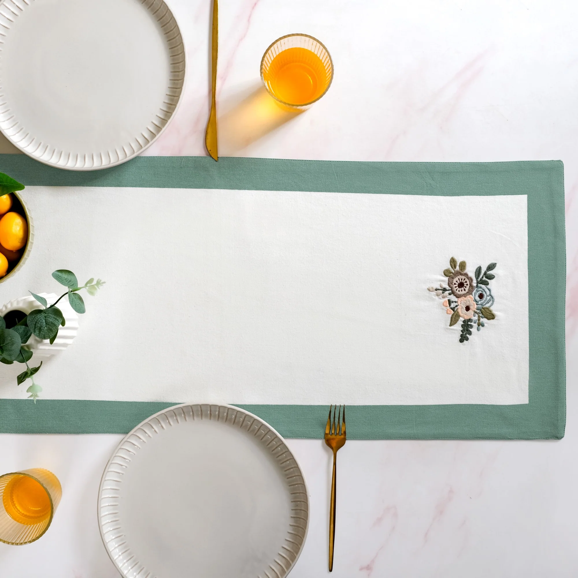Ventosa Pure Cotton Table Runner And Placemat Set Of 7 In Teal - Image 5