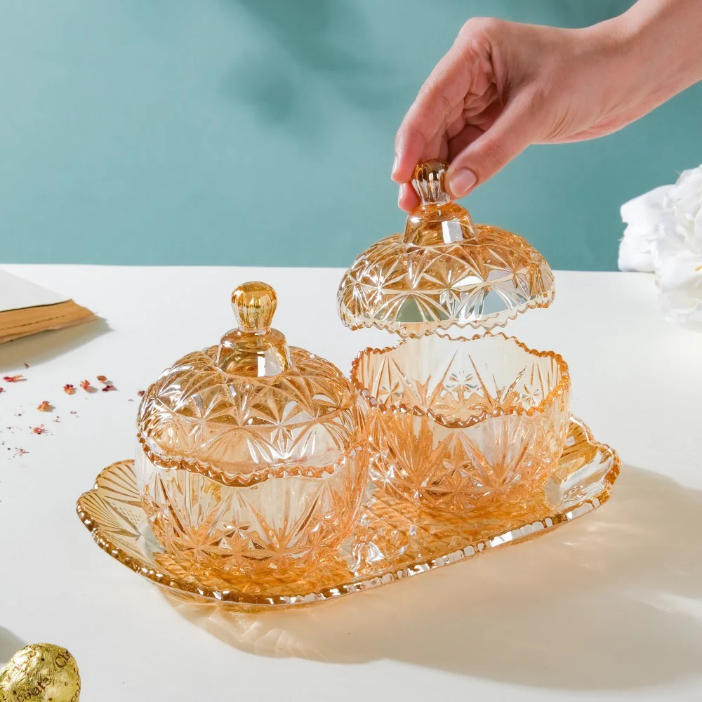 Vintage Round Textured Glass Jar With Lid Amber Set Of 3 200ml - Image 2