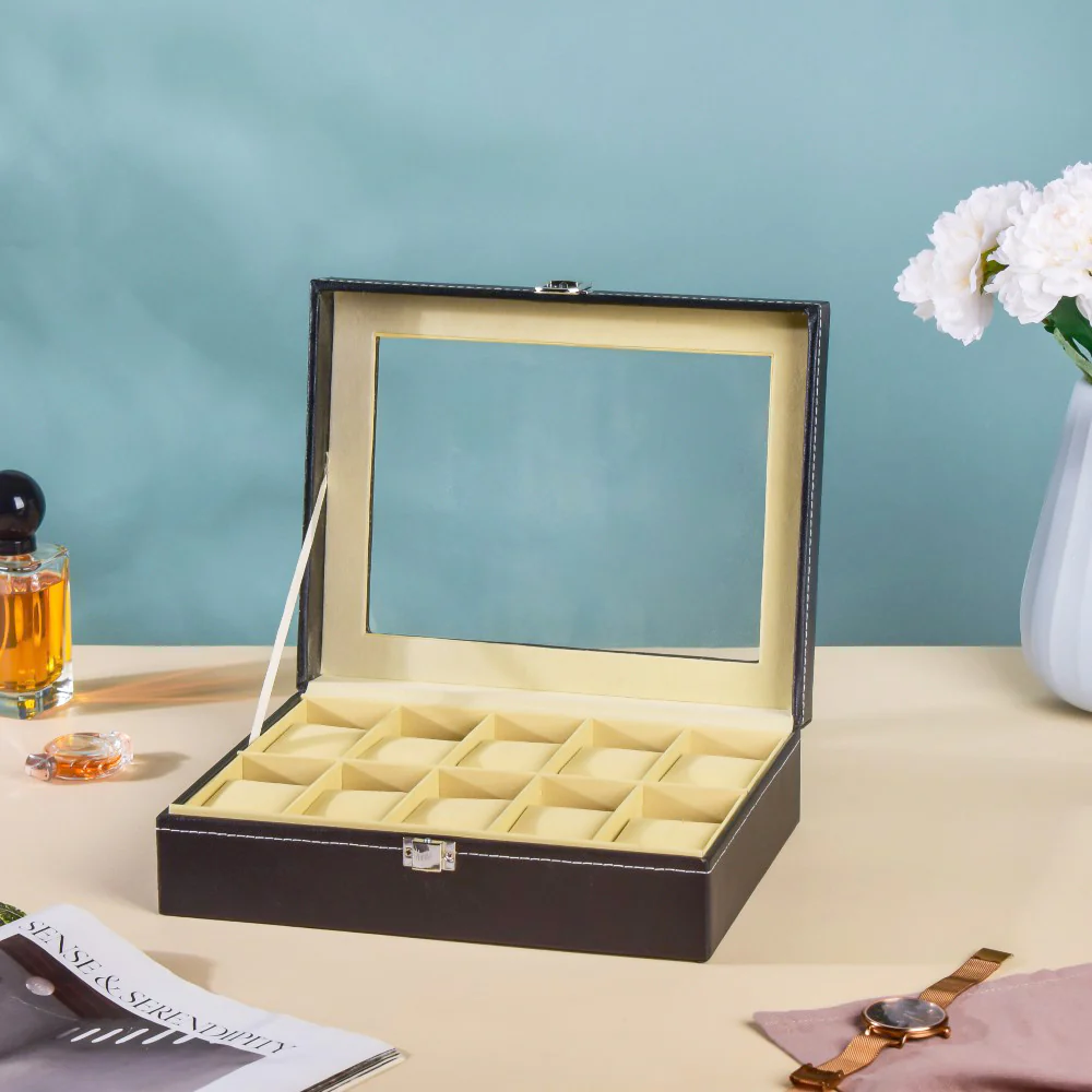 Watch Box Holder With 10 Cushioned Slots Black - Image 7