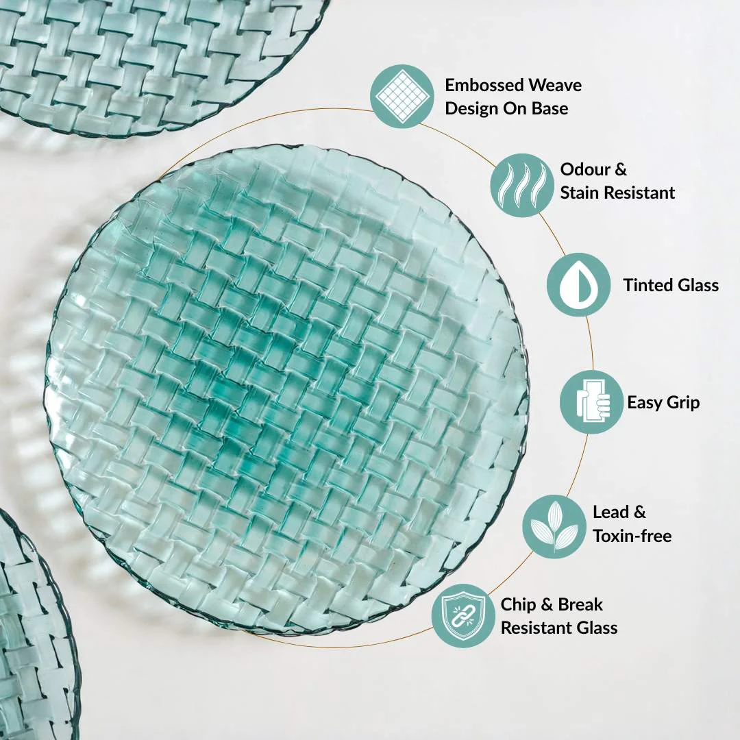 Weave Design Glass Dinner Plate Set Of 6 Teal 25cm - Image 3