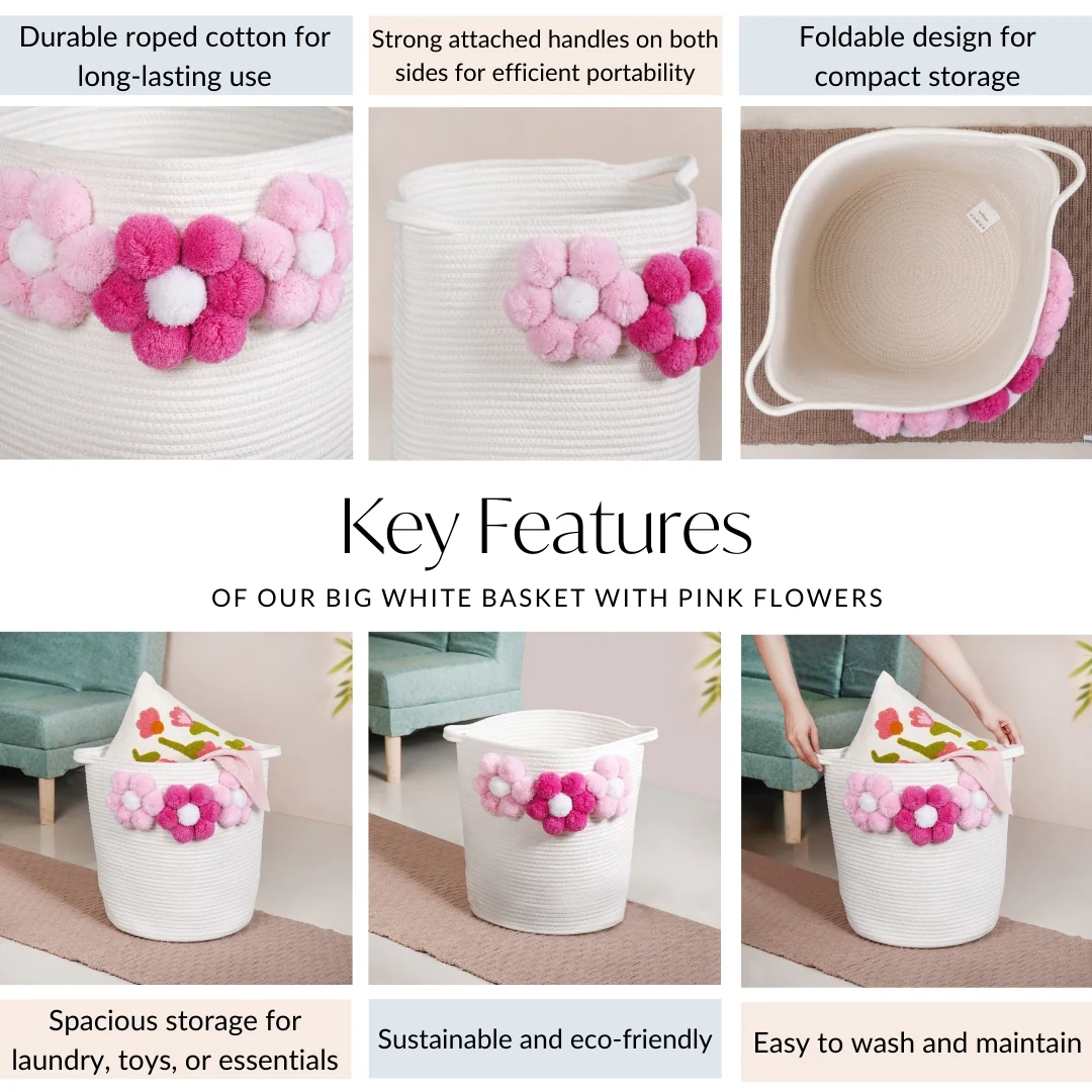 White Basket With Pink Flowers 40cm - Image 5