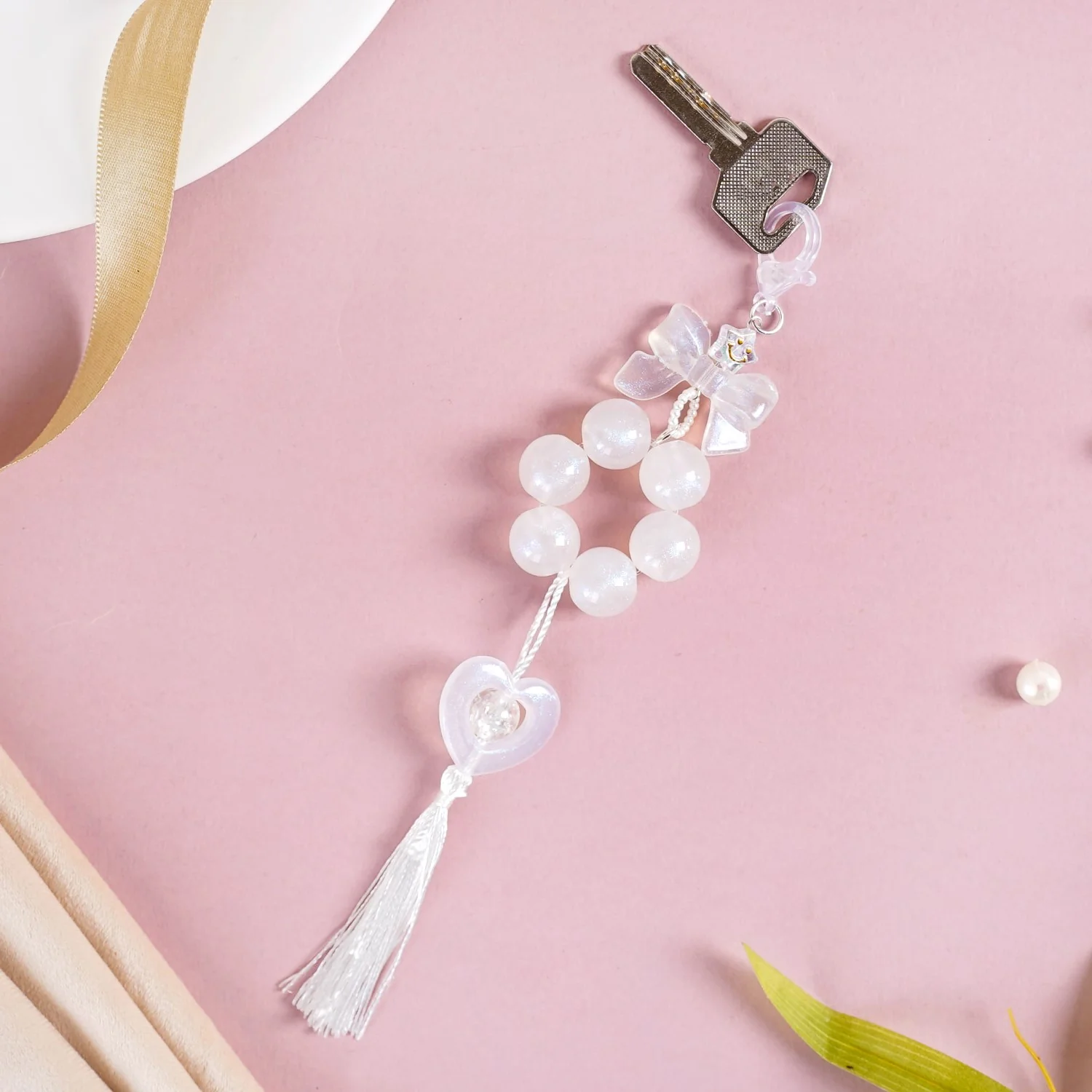White Lustre Hoop Keyring With Tassel - Image 3