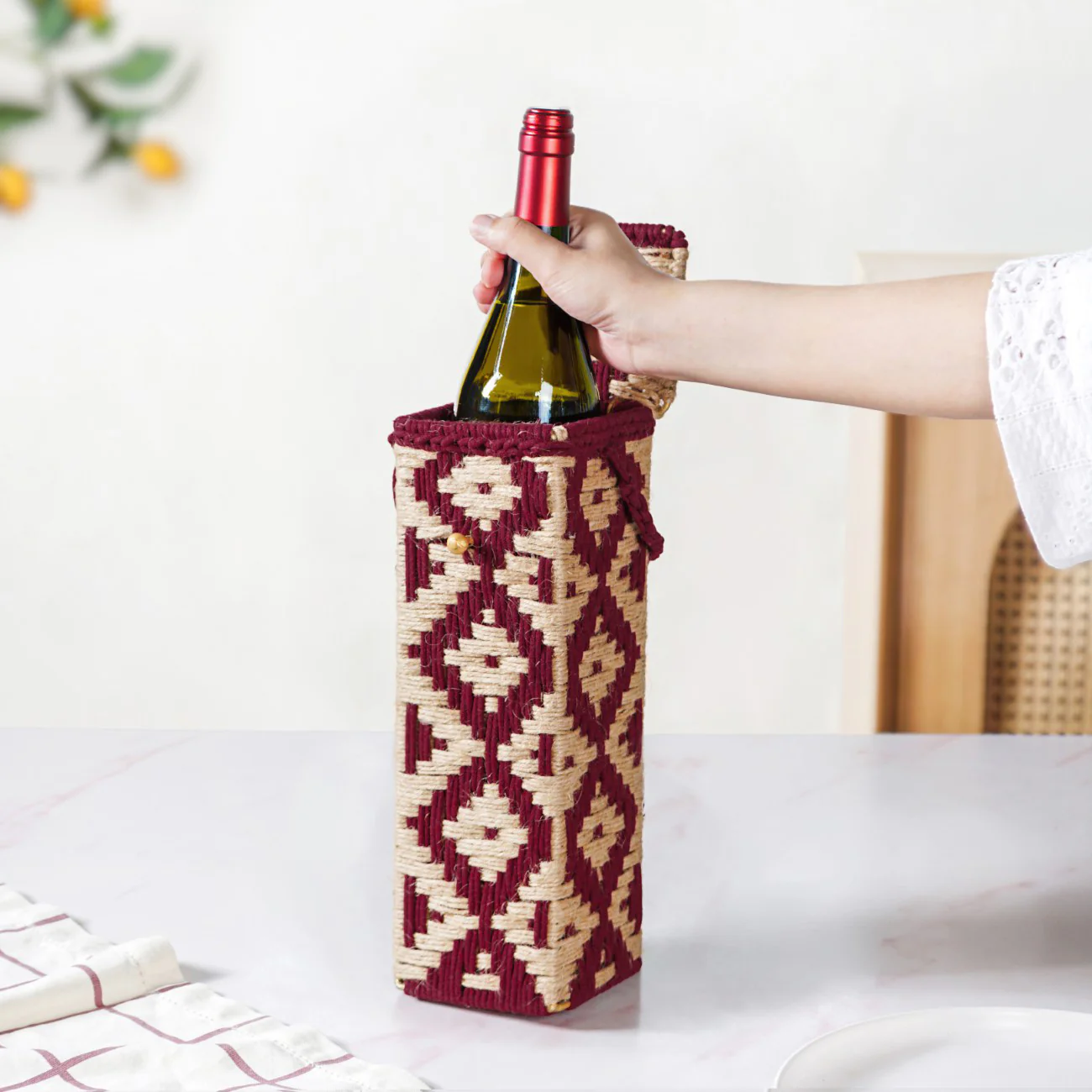Wine Bottle Holder Handwoven Box Jute Maroon - Image 5