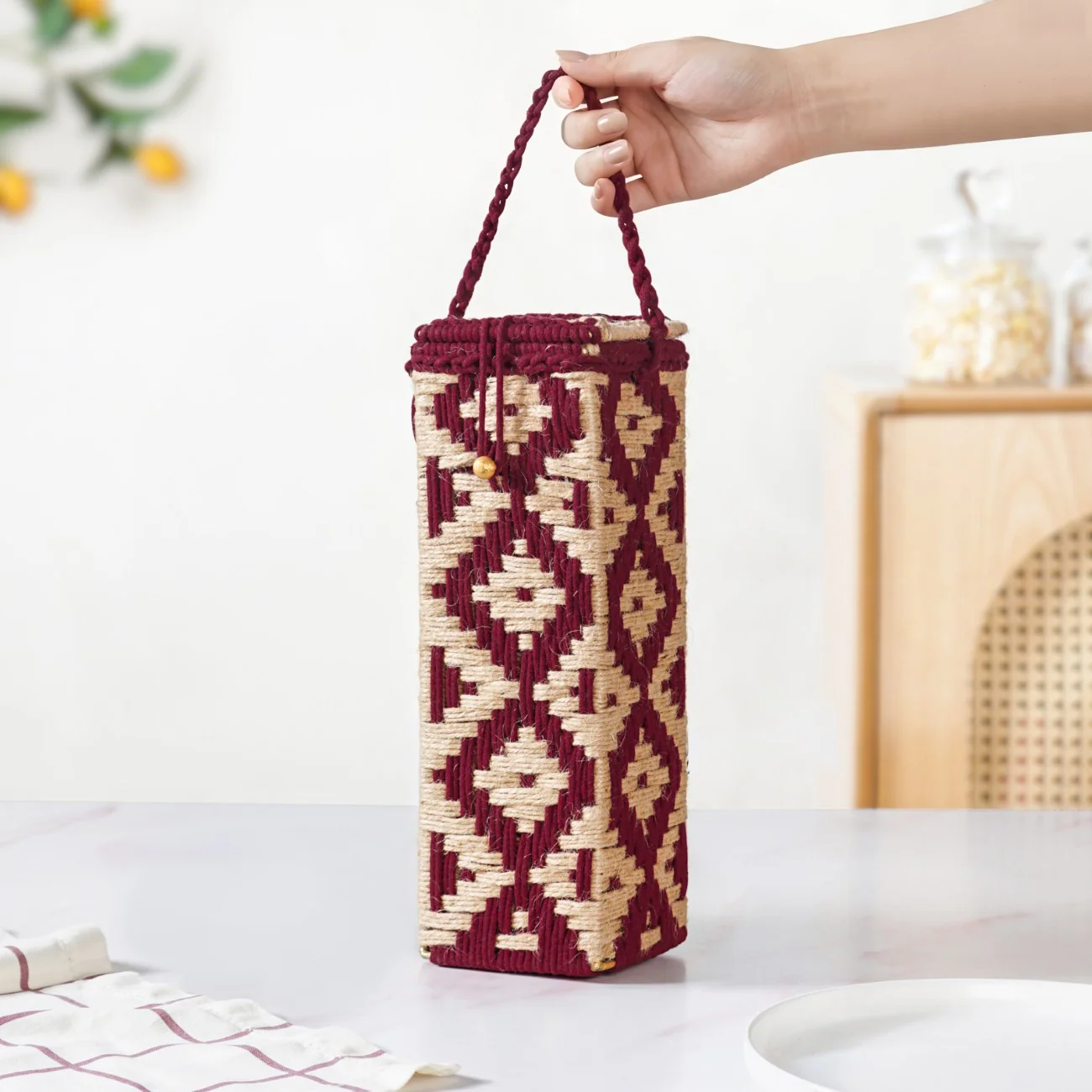 Wine Bottle Holder Handwoven Box Jute Maroon - Image 6