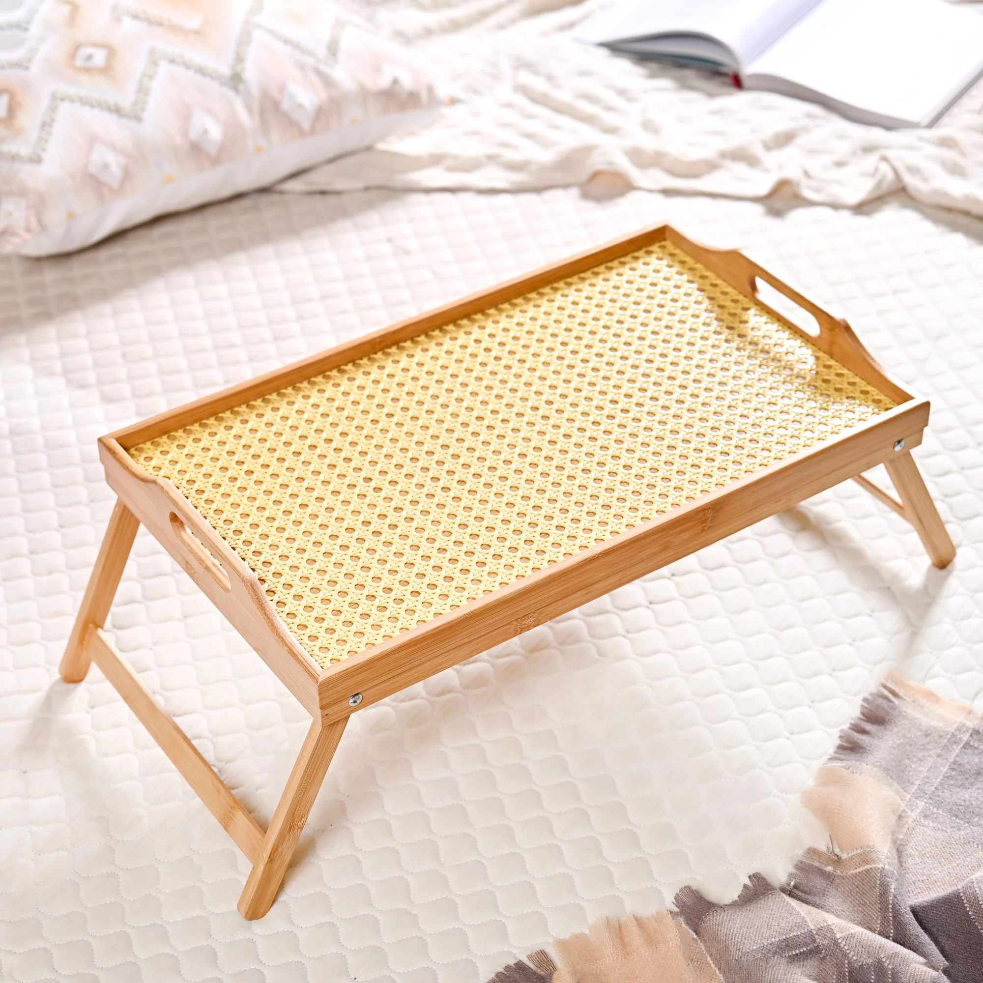Wooden Folding Table With Rattan Weaving - Image 2