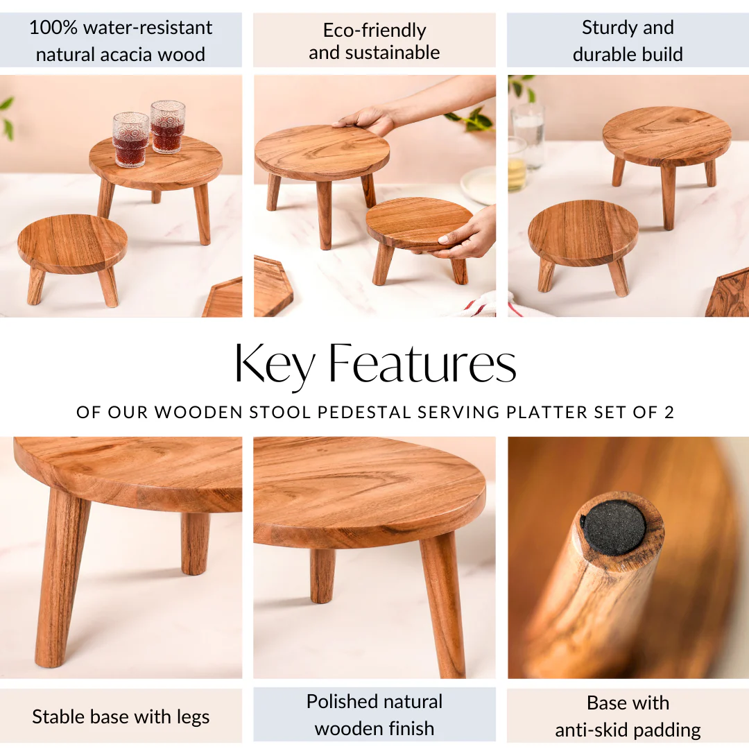 Wooden Stool Pedestal Serving Platter Set Of 2 - Image 5