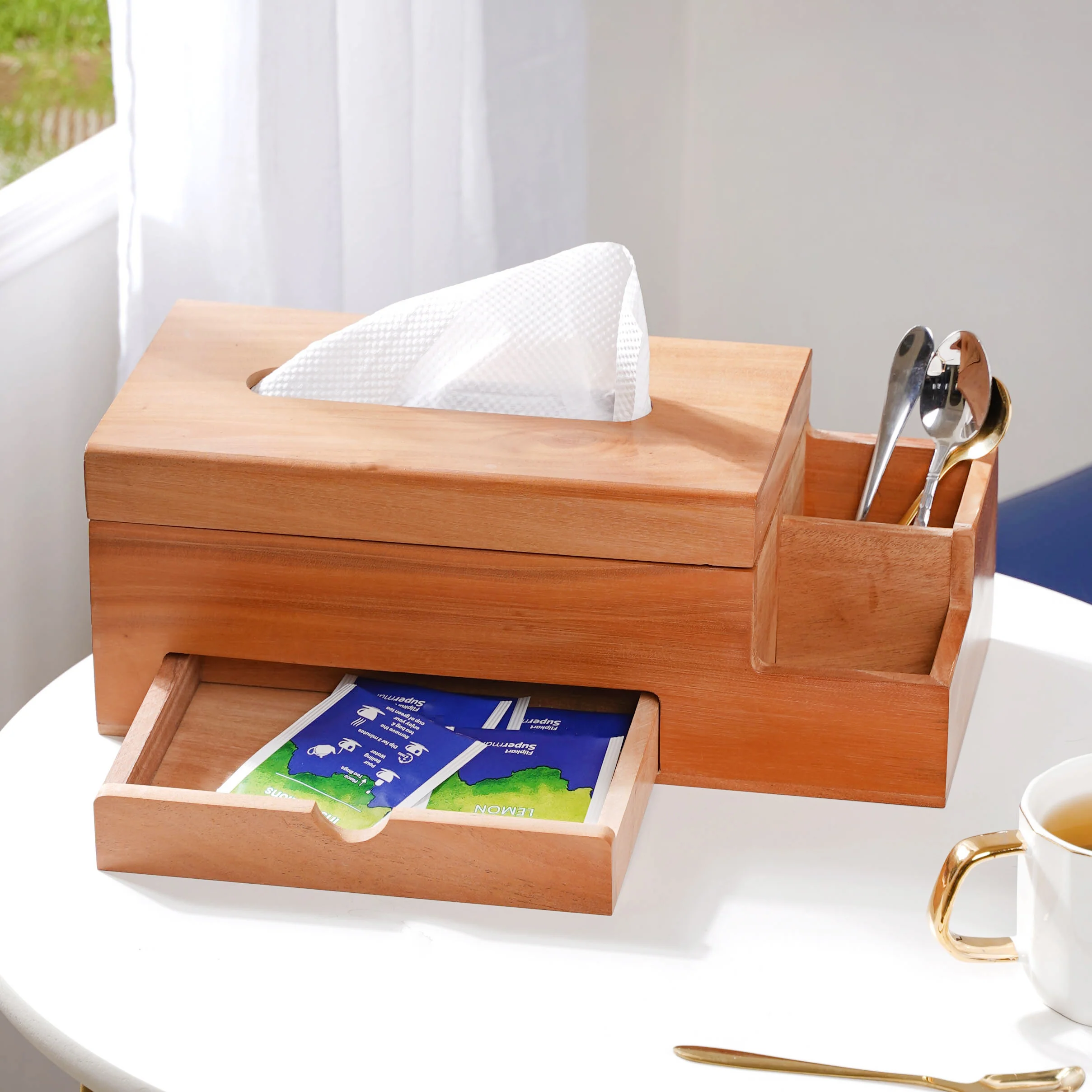 Wooden Tissue Box And 3 Shelf Desk Organiser - Image 4