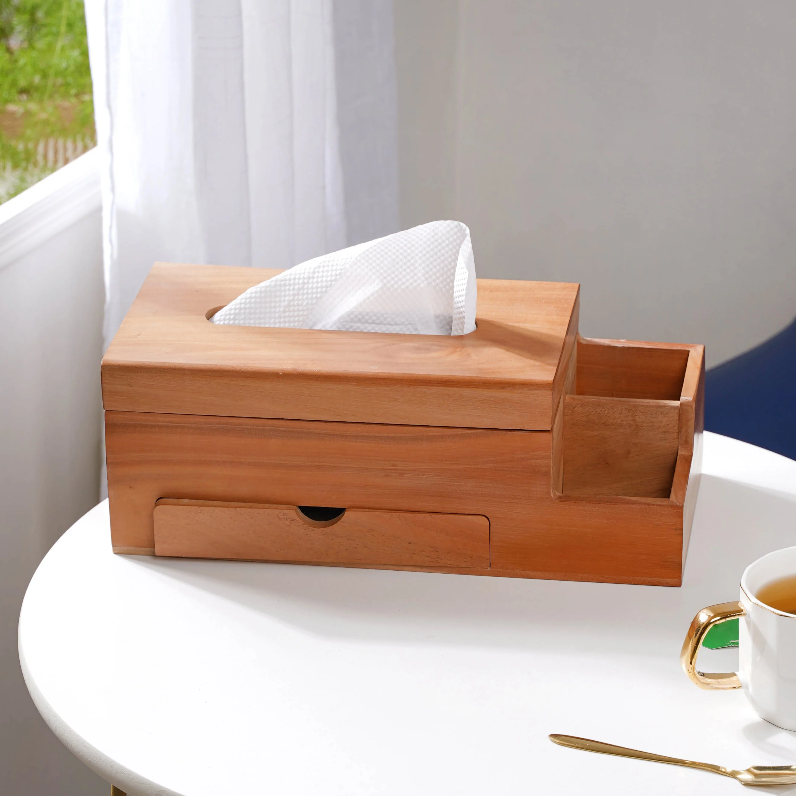 Wooden Tissue Box And 3 Shelf Desk Organiser - Image 5